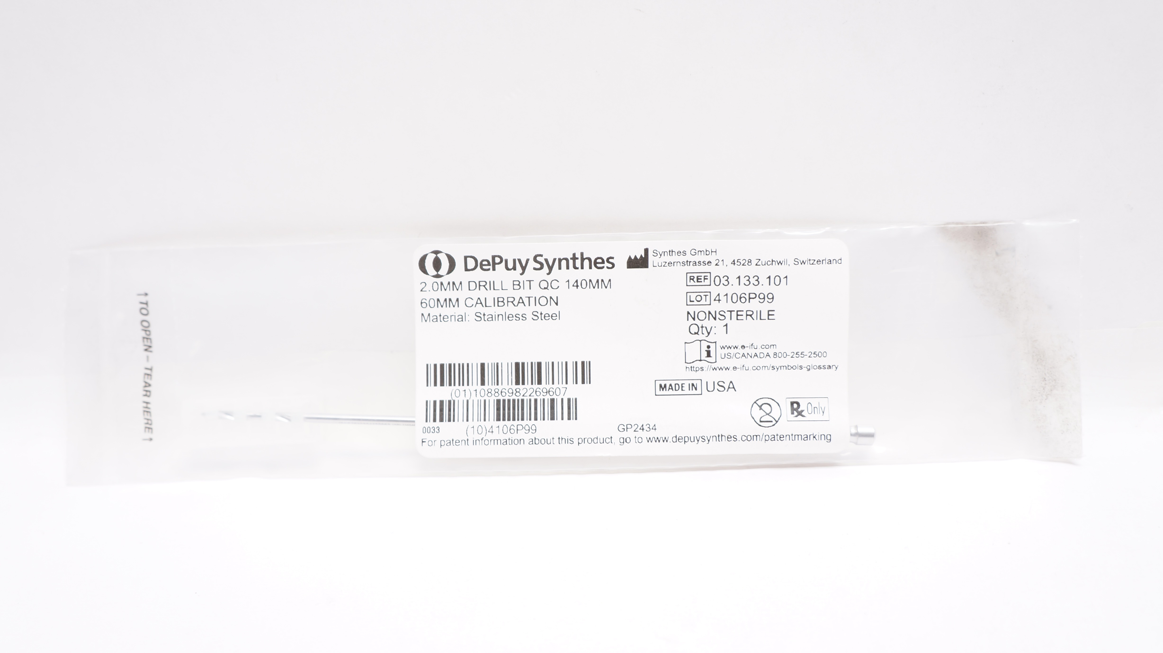 DePuy Synthes 03.133.101 2.0mm Drill BIT QC 140mm, Calibration 60mm