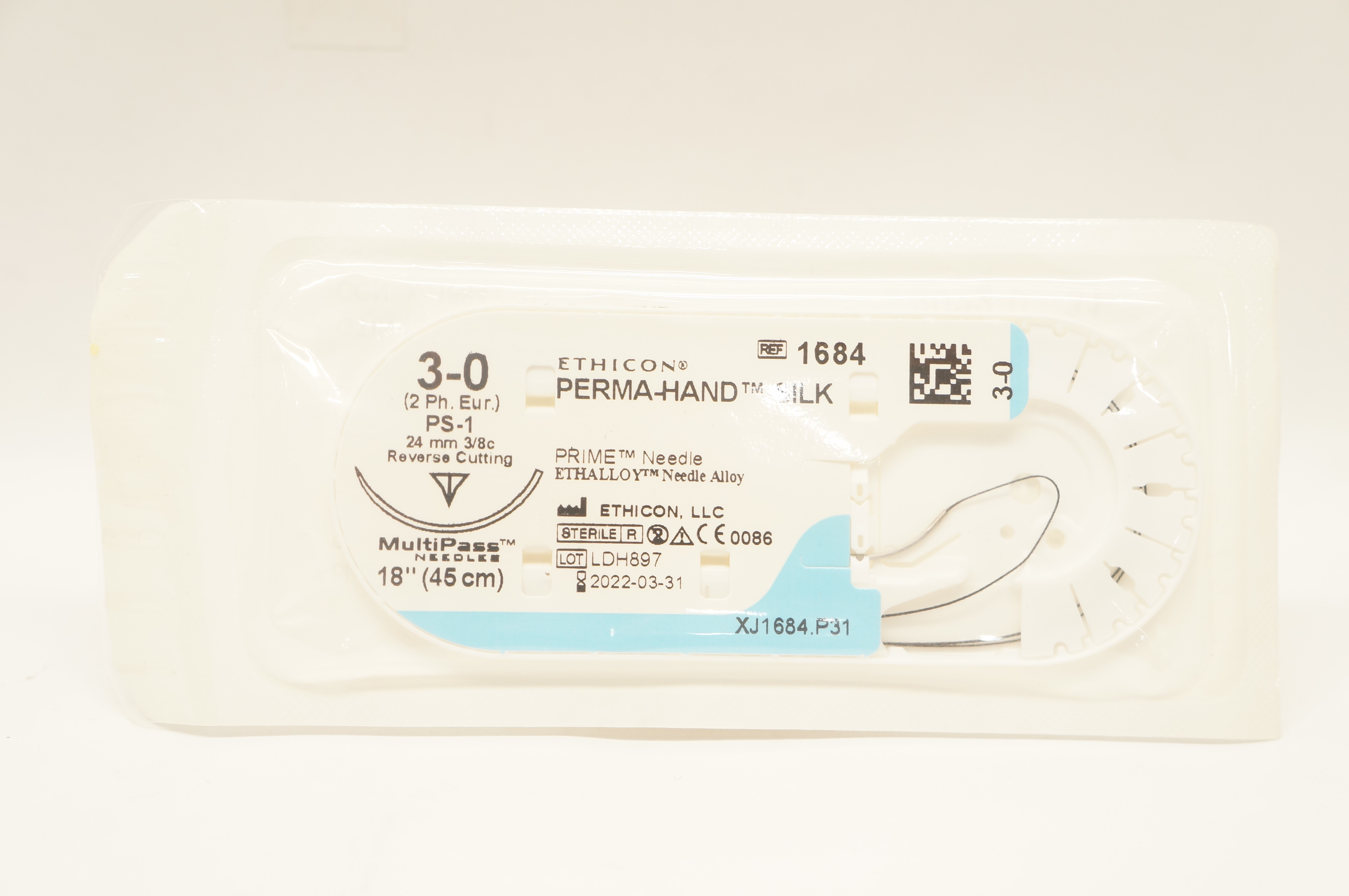 Ethicon 1684 3-0 PERMA-HAND SILK Stre PS-1 24mm 3/8c Reverse Cutting, 18inch (x)