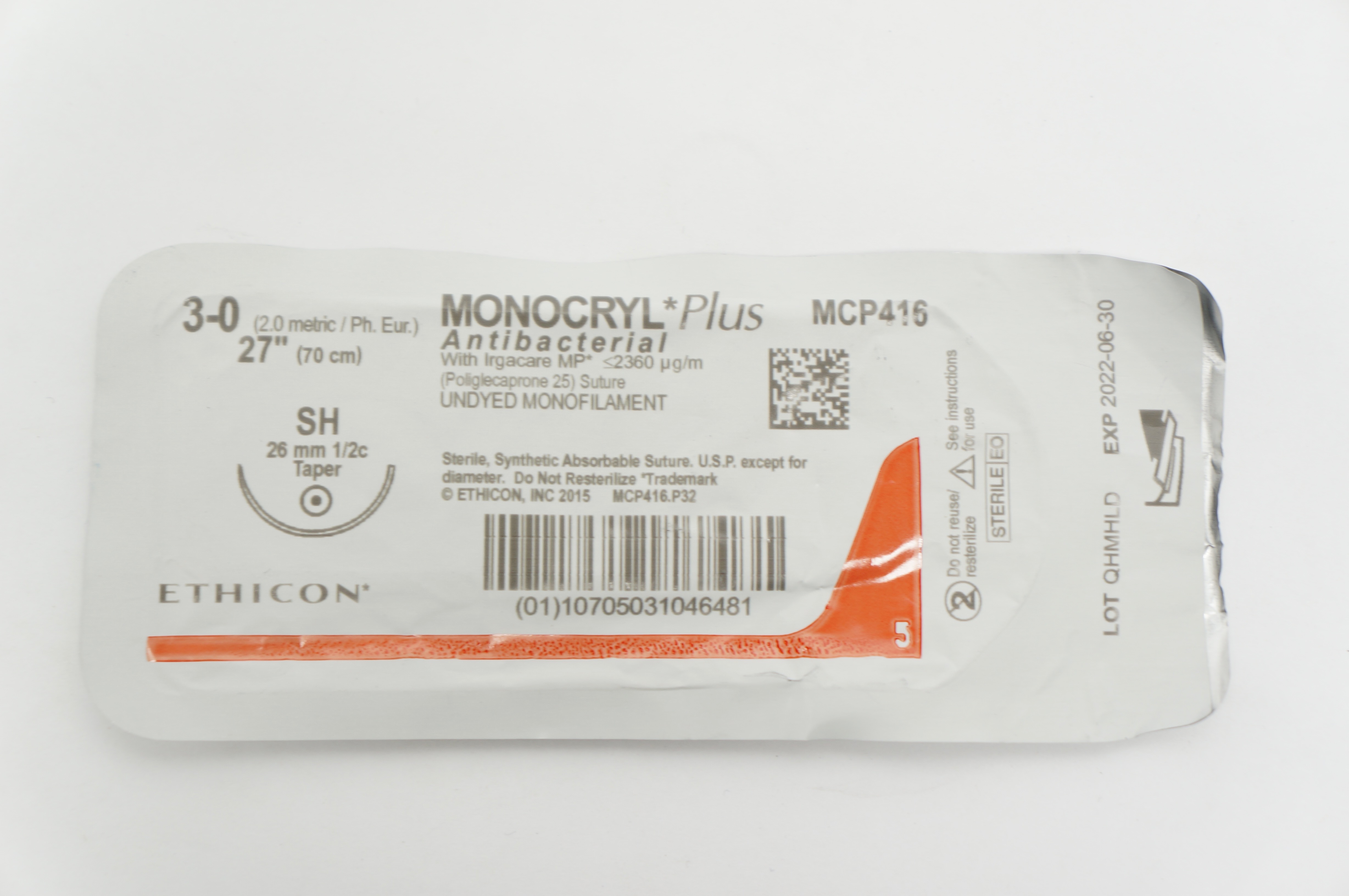 Ethicon MCP416 3-0 MONOCRYL Plus, SH, 26mm 1/2c Taper, 27inch (x)