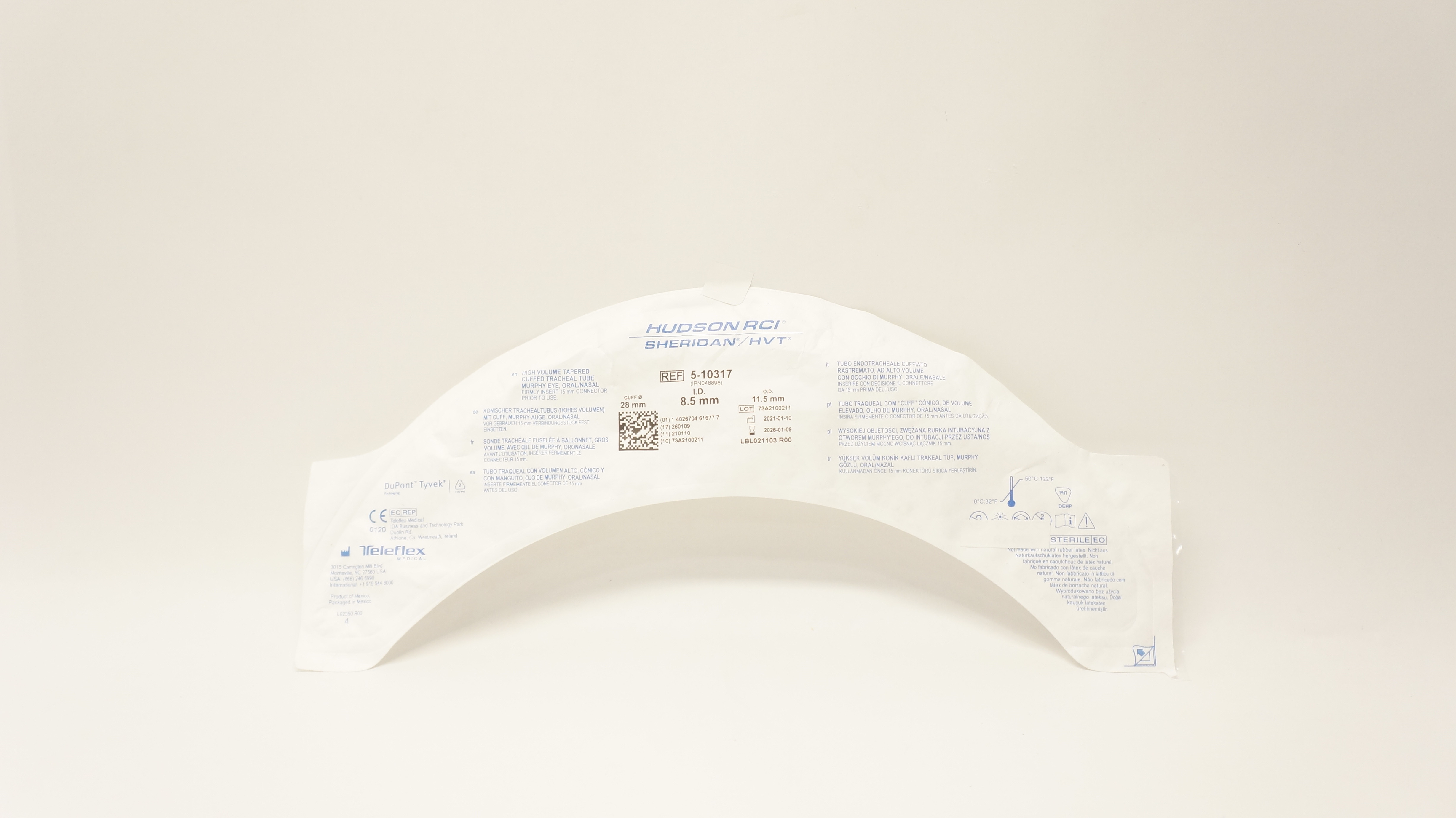 Teleflex 5-10317 High Volume Tapered Cuffed Tracheal Tube 8.5mm ID x 11.5mm OD