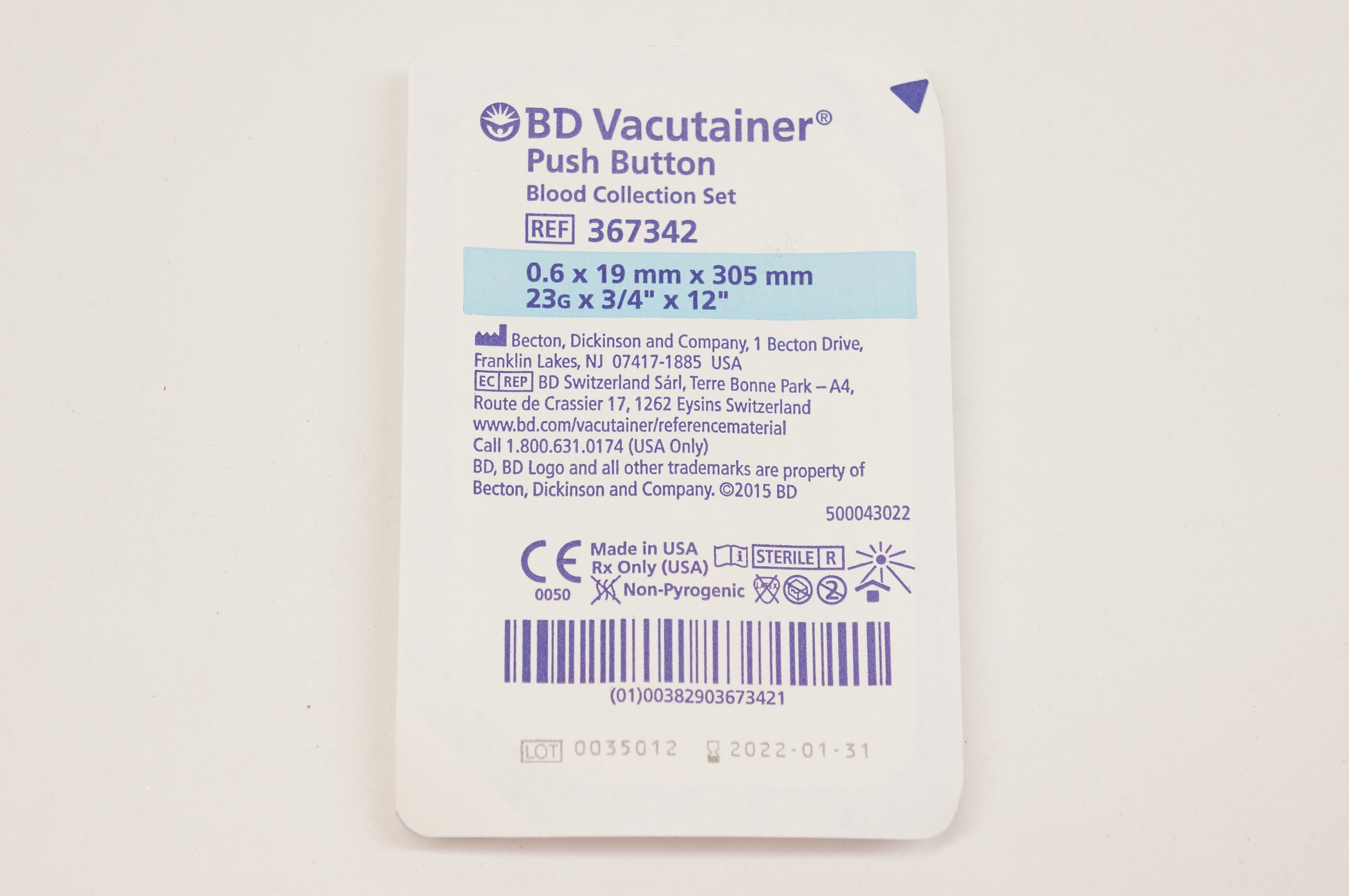 367336 BD 367342 Vacutainer Push Button Blood Collection Set 23G x 3/4inch x ...