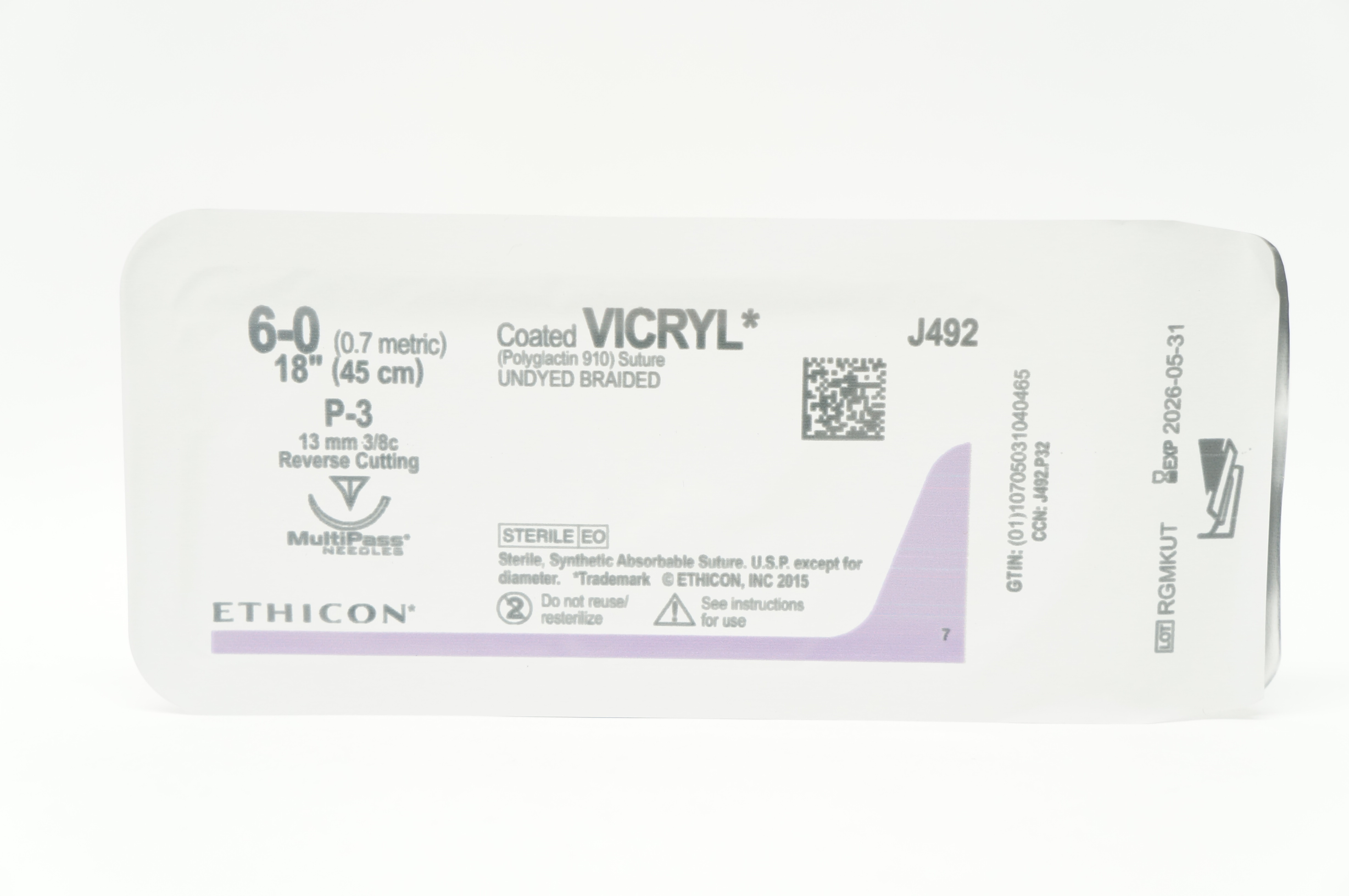 Ethicon J492 6-0 Coated VICRYL Stre P-3 13mm 3/8c Reverse Cutting 18inch