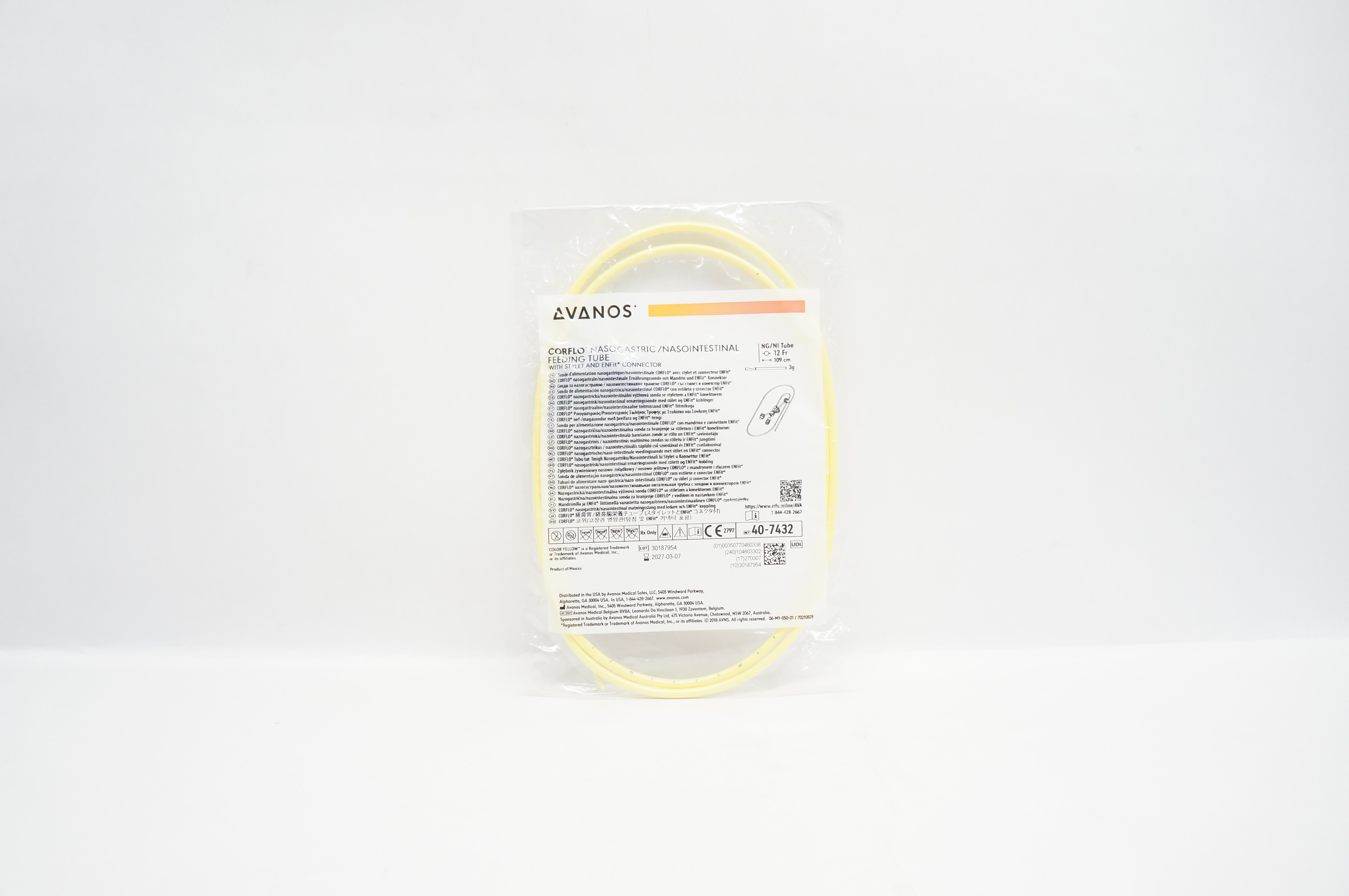 Avanos 40-7432 Corflo Nasogastric/Nasointestinal Feeding Tube 12Fr x 109cm
