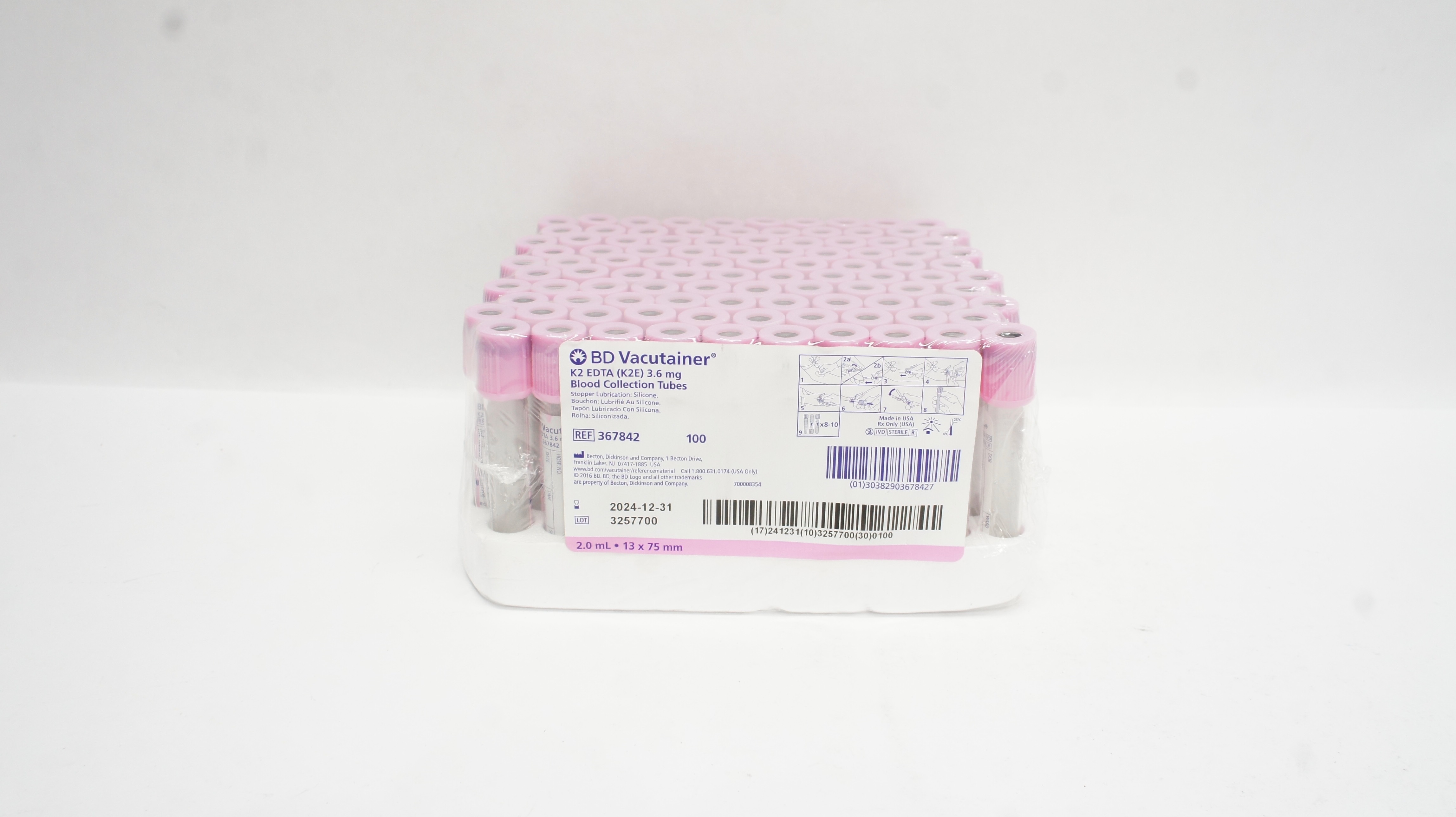 BD 367842 Vacutainer Blood Collection Tubes 2.0 mL x 13 x 75mm - Box of 100