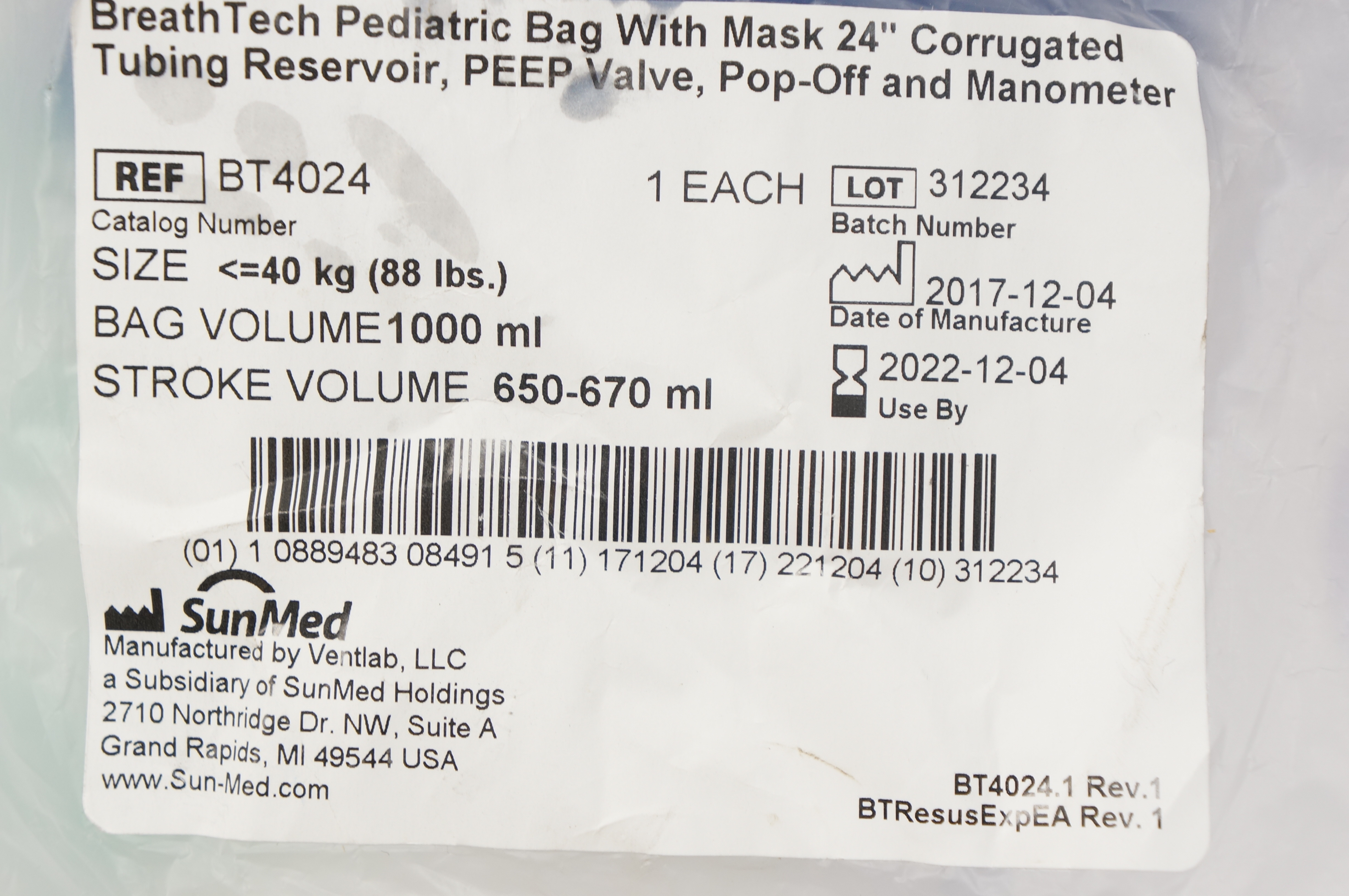 SunMed BT4024 BreathTech Pediatric Bag with Mask 24 inch (x)