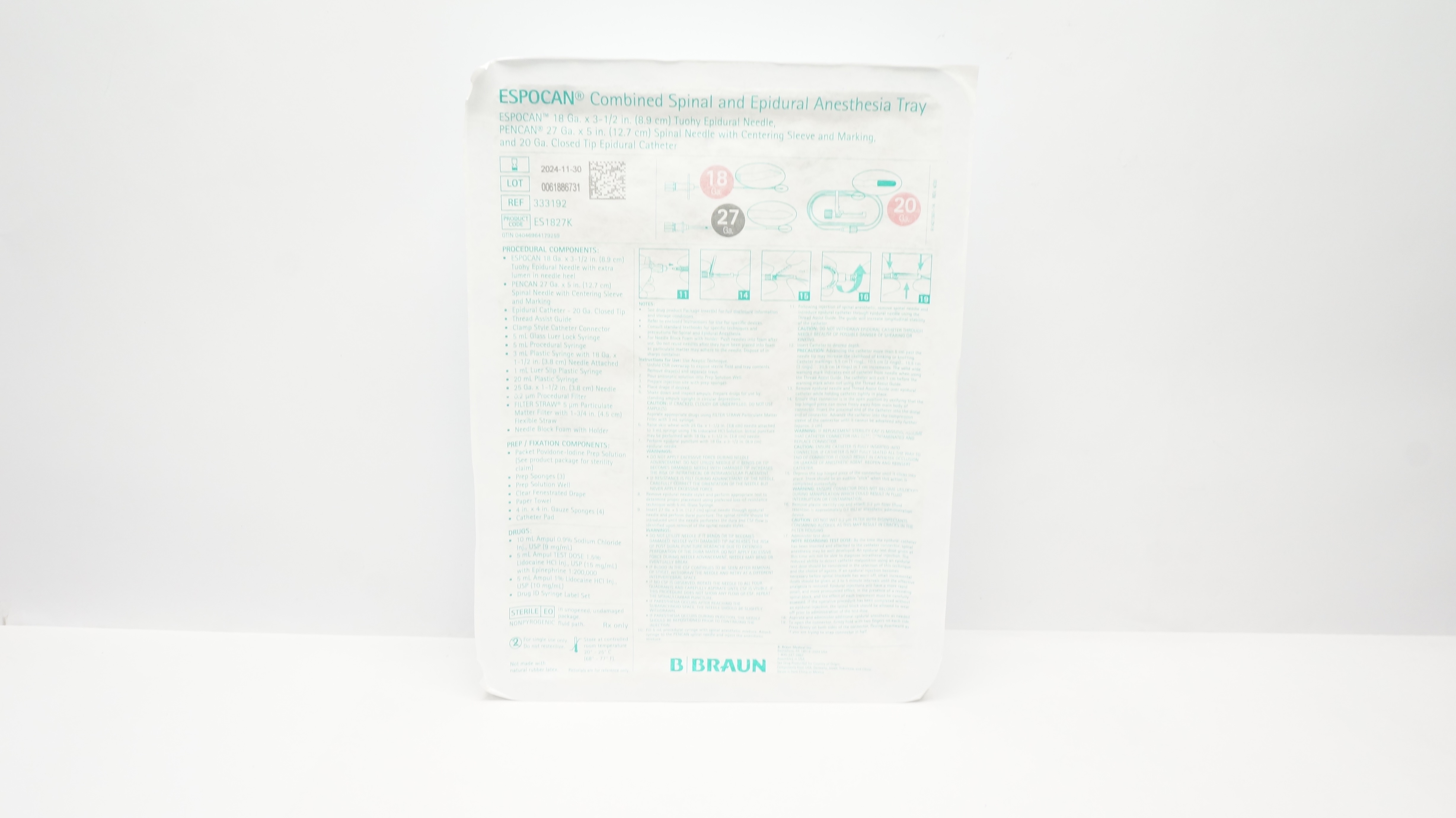 Braun 333192 Espocan Combined Spinal & Epidural Anesthesia Tray