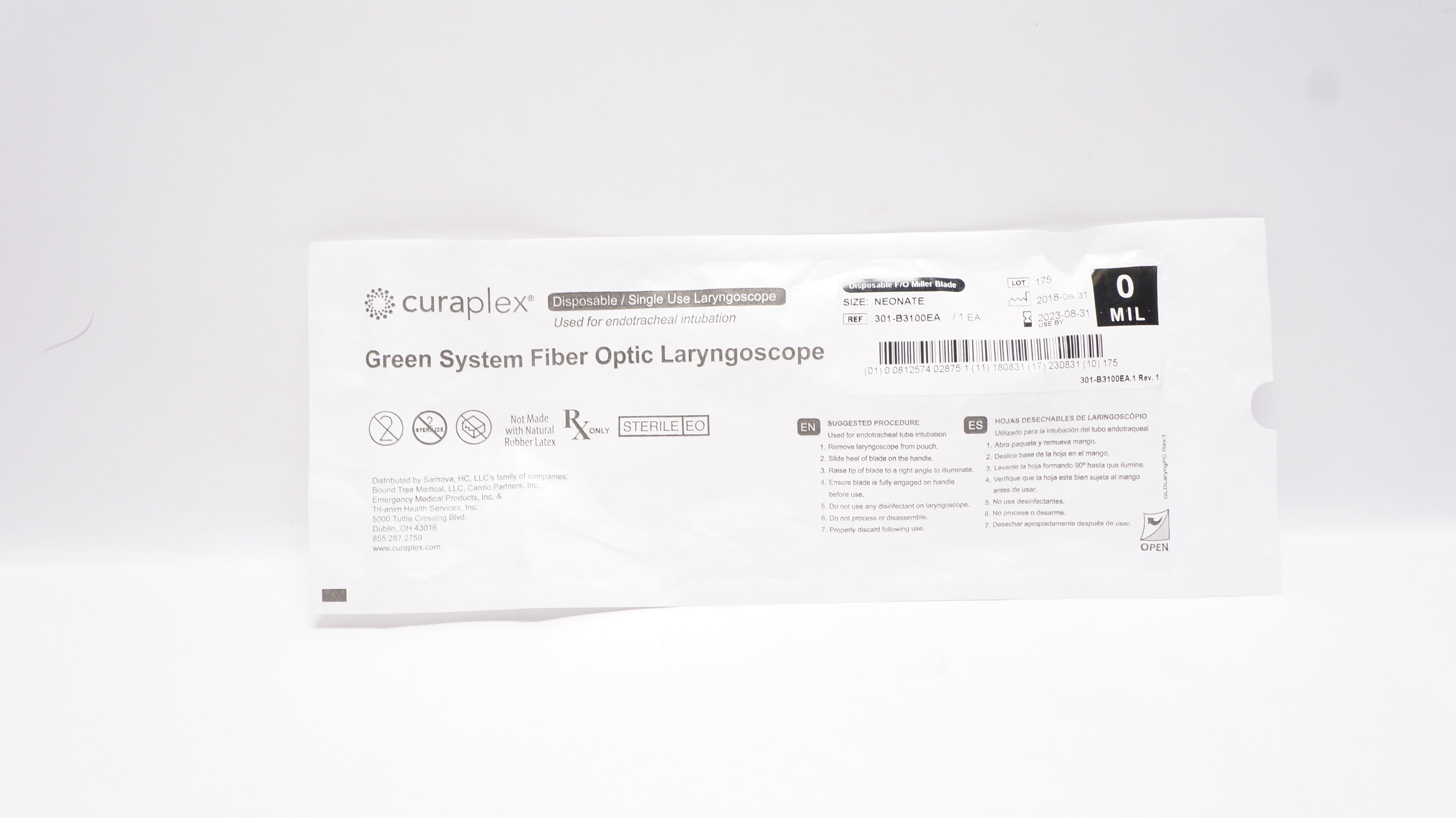 Curaplex 301-B3100EA Green System Fiber Optic Laryngoscope 0 MIL, Neonate (x)