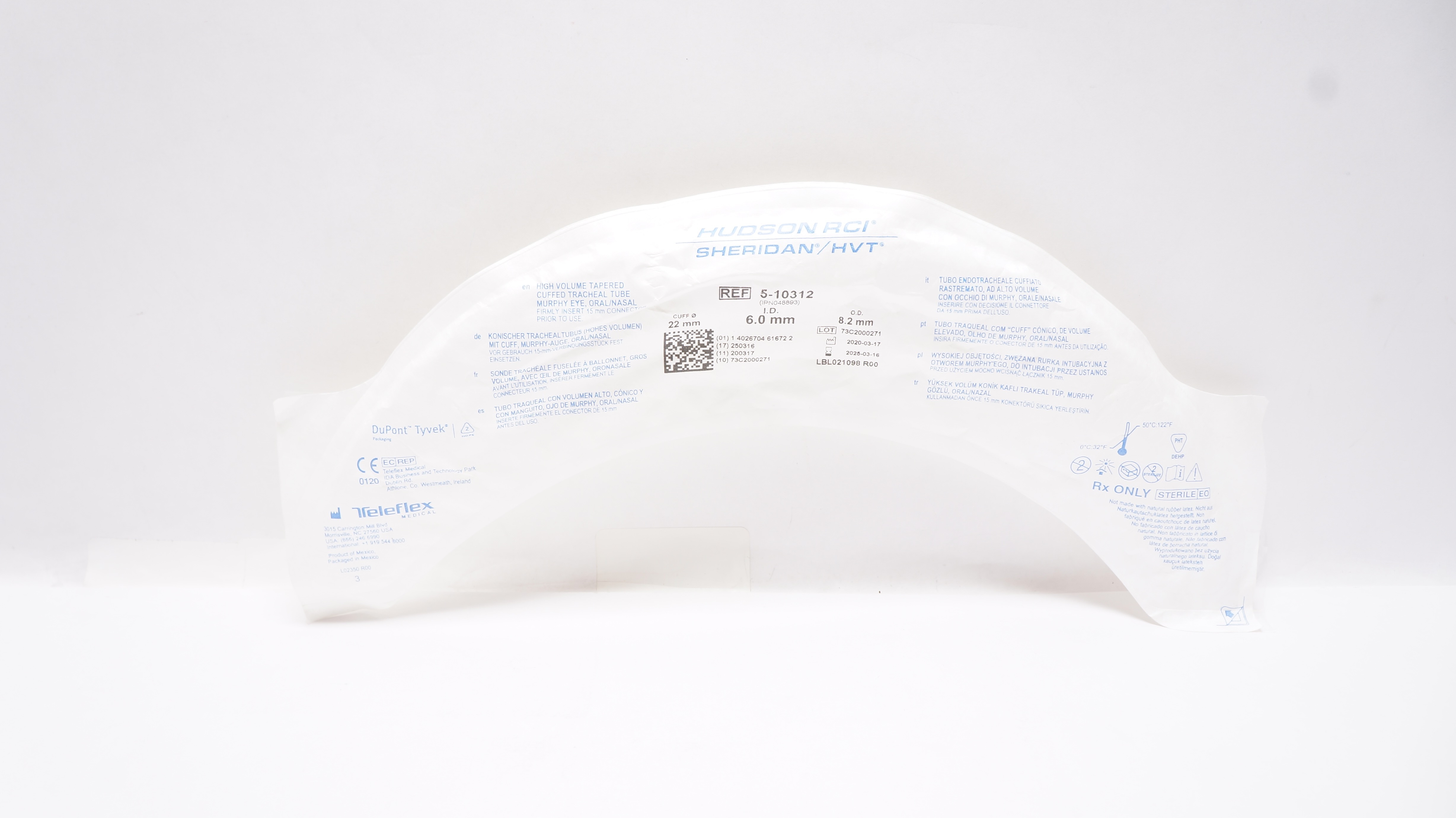 Teleflex 5-10312 Hudson RCI Sheridan HVT Tracheal Tube 6.0ID x 8.2OD x 22mm
