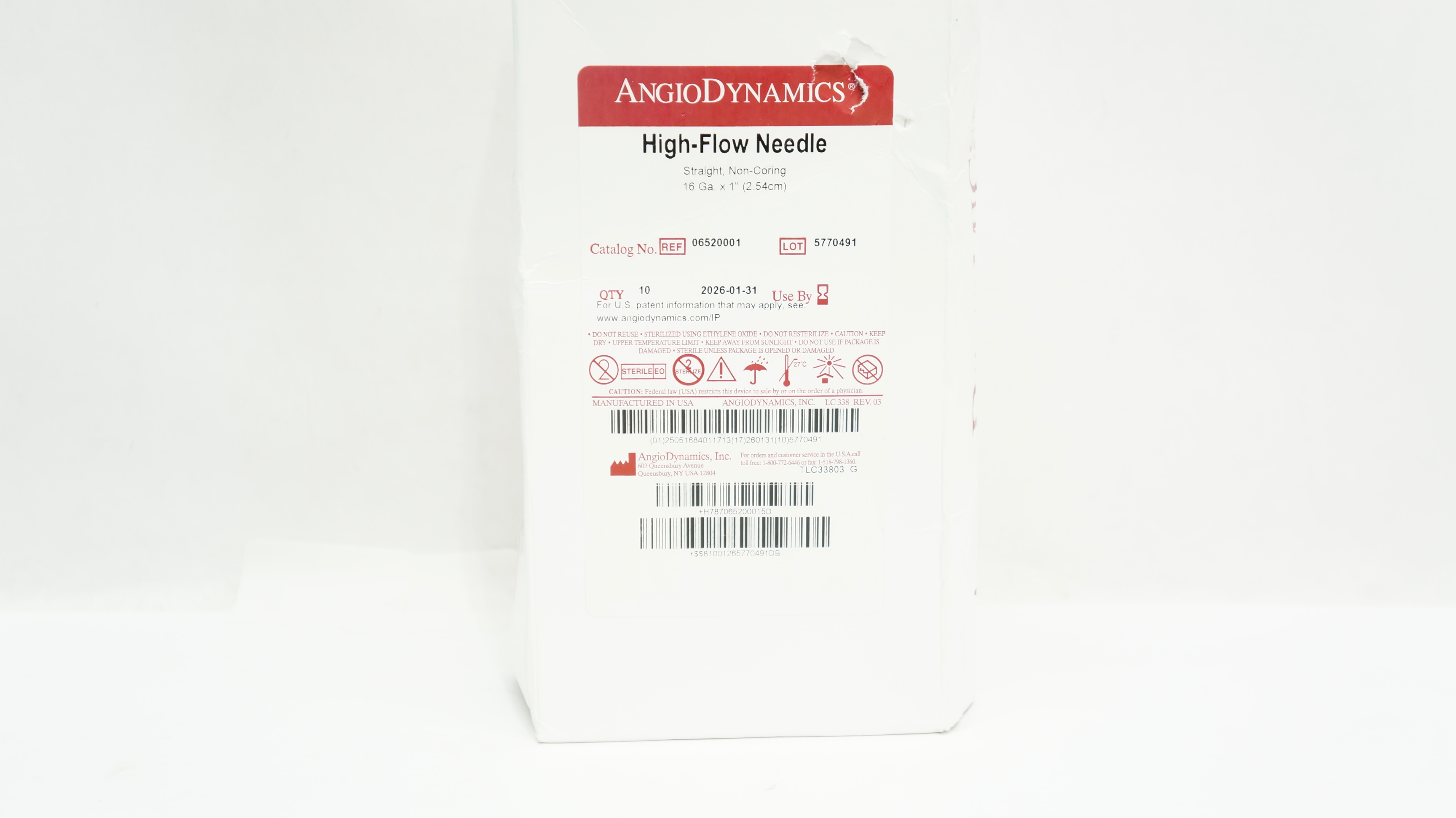 AngioDynamics 06520001 HighFlow Ndle Straight 16Ga x 1 inch Box of 10