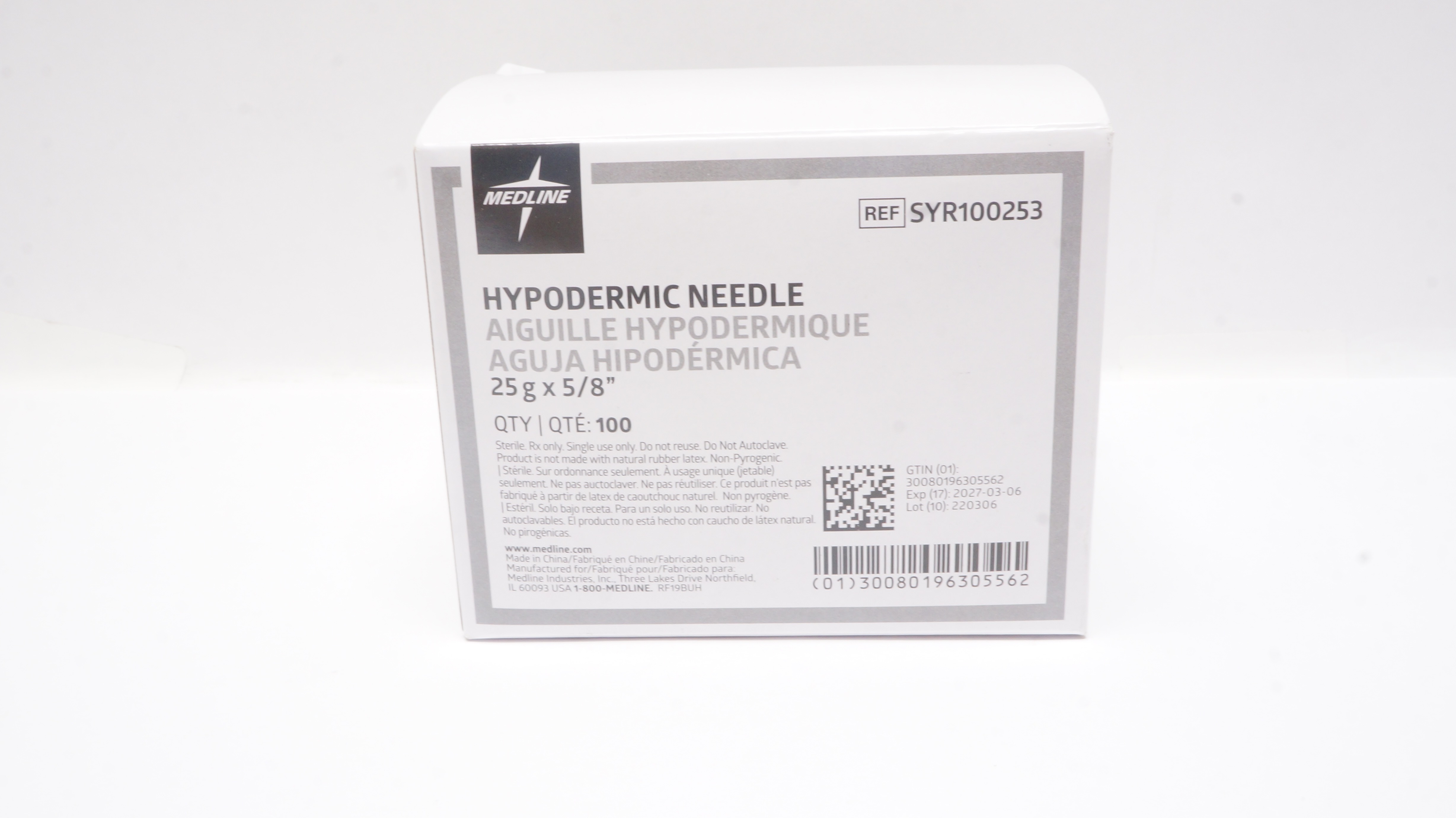 Medline SYR100253 Hypodermic Ndle. 25G x 5.8In - Box of 100