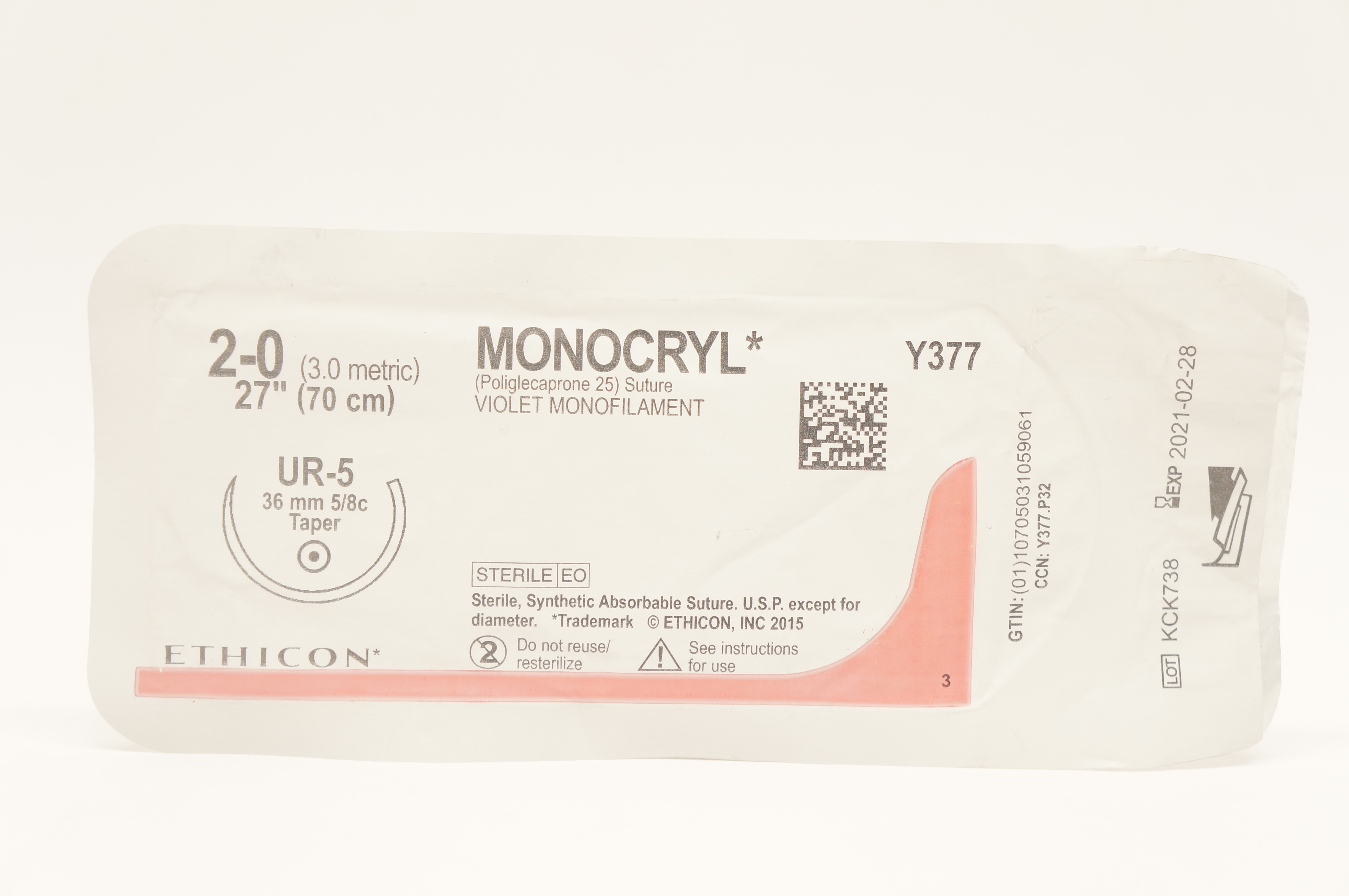 Ethicon Y377 2-0 MONOCRYL UR-5 36mm 5/8c Taper 27inch (x)