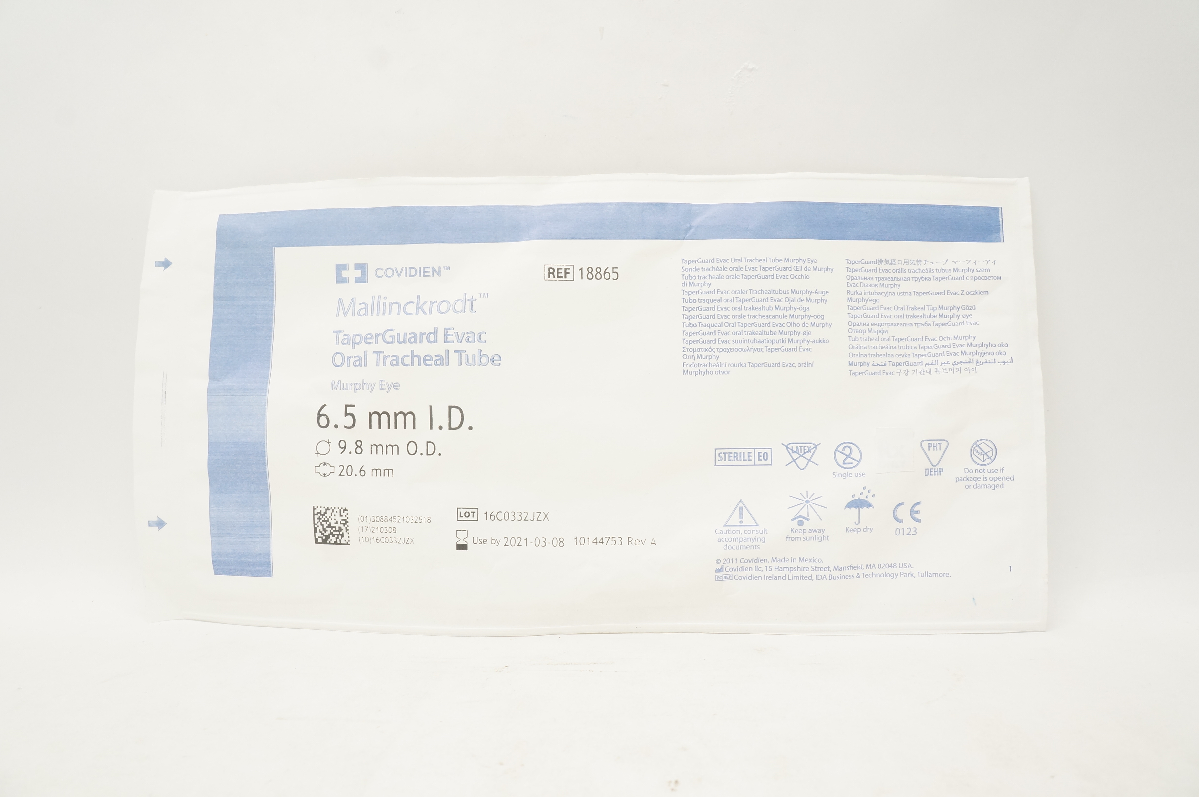 Covidien 18865 Mallinckrodt TaperGuard Evac Oral Tracheal Tube 6.5mm x 9.8mm (x)