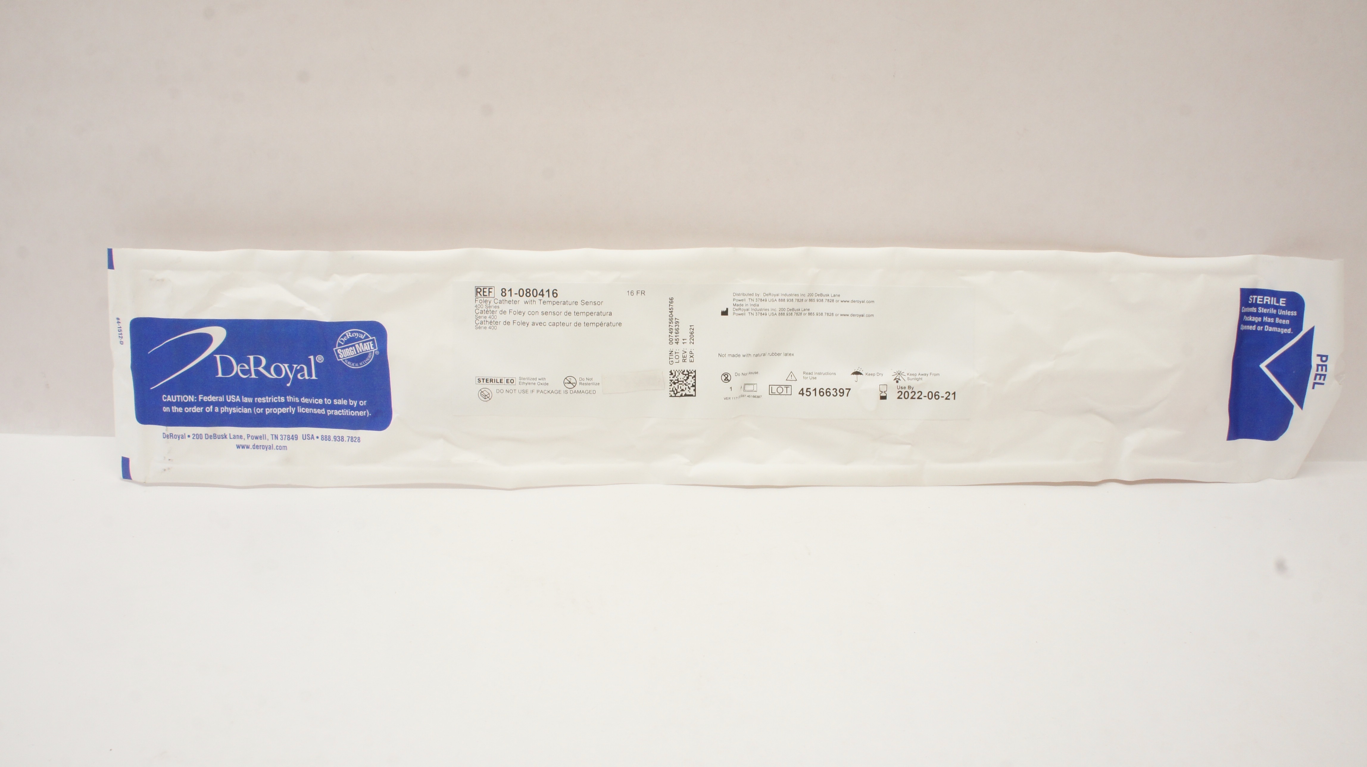 DeRoyal 81-080416 Surgi Mate Foley Cath. w/ Temperature Sensor 400 Series 16F(x)
