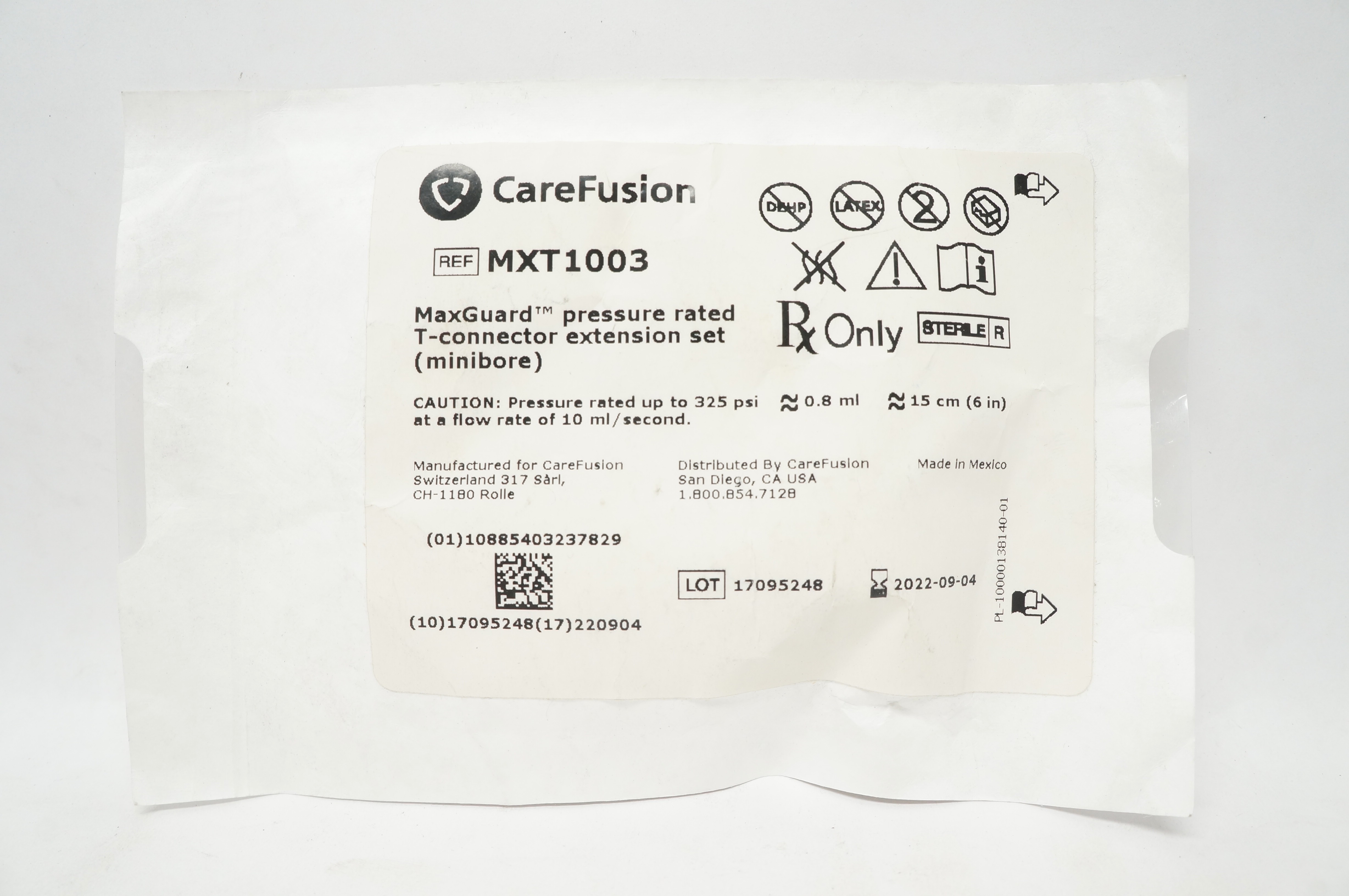 CareFusion MXT1003 MaxGuard Pressure Rated T-Connector Extension Set 0.8mlx6inch