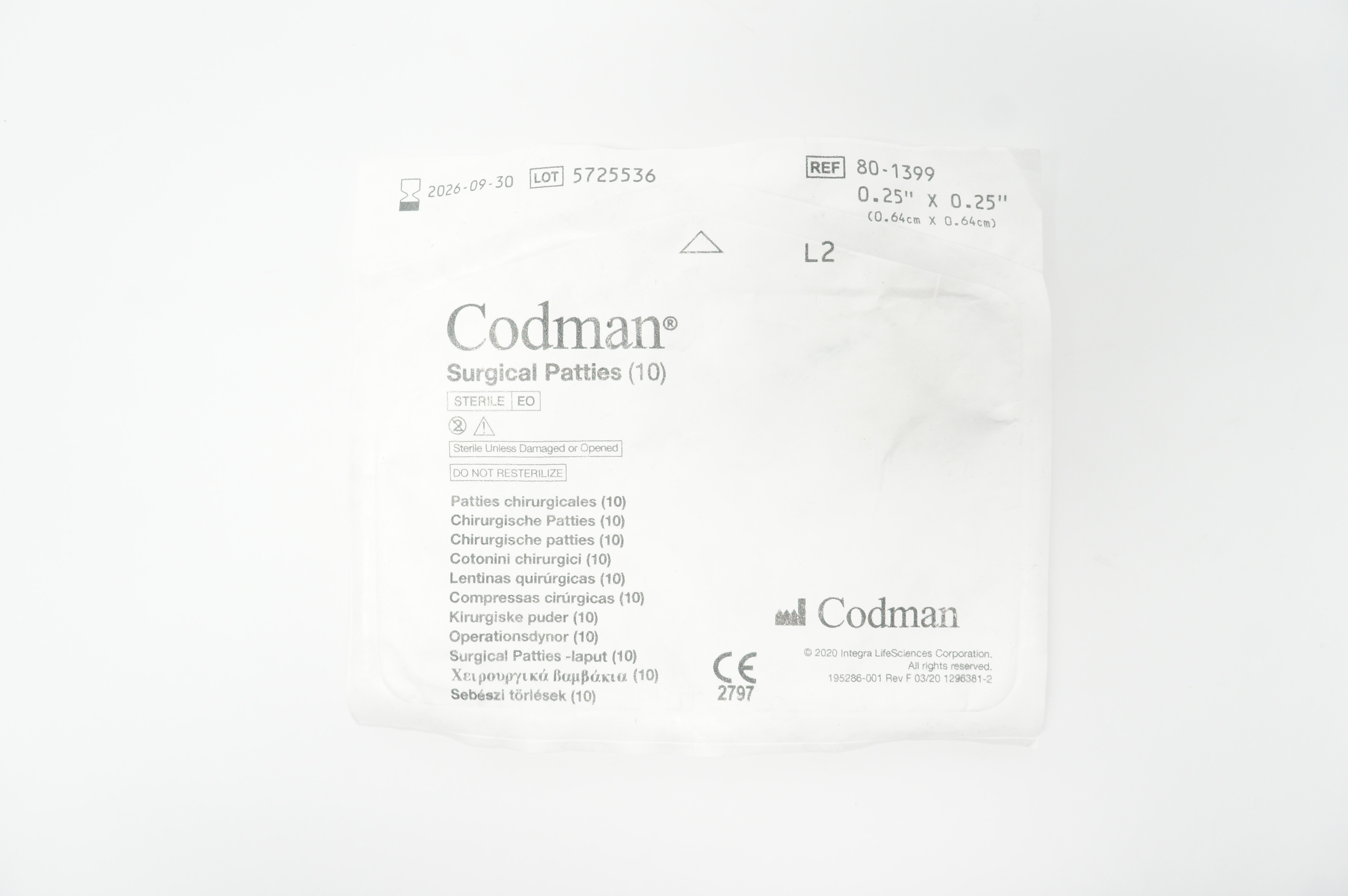 Codman 80-1399 Surgical Patties 1/4inch x 1/4inch - Pack of 10