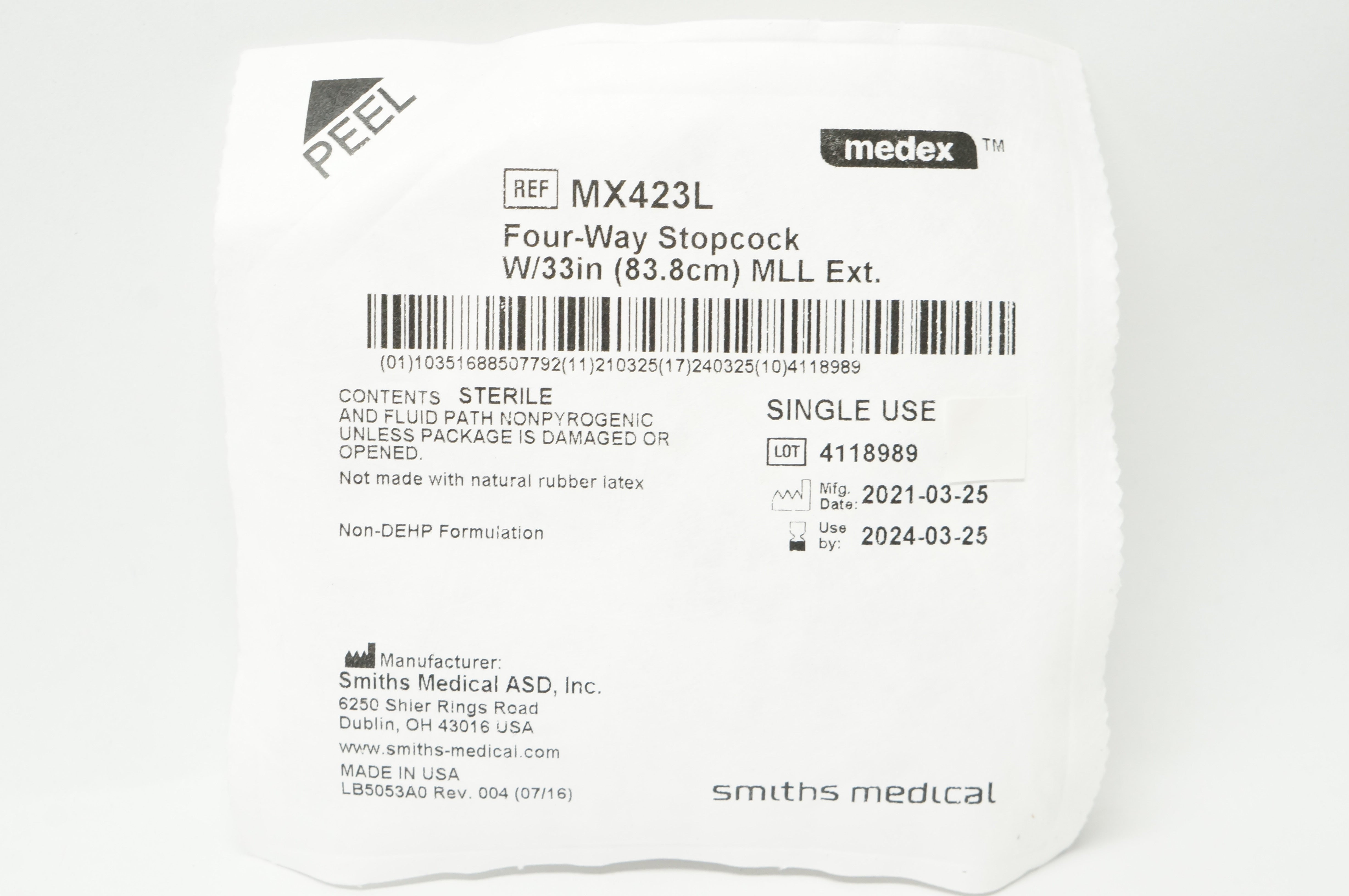 Smiths Medical MX423L Medex Four-Way Stopcock w/33 inch MLL Extension