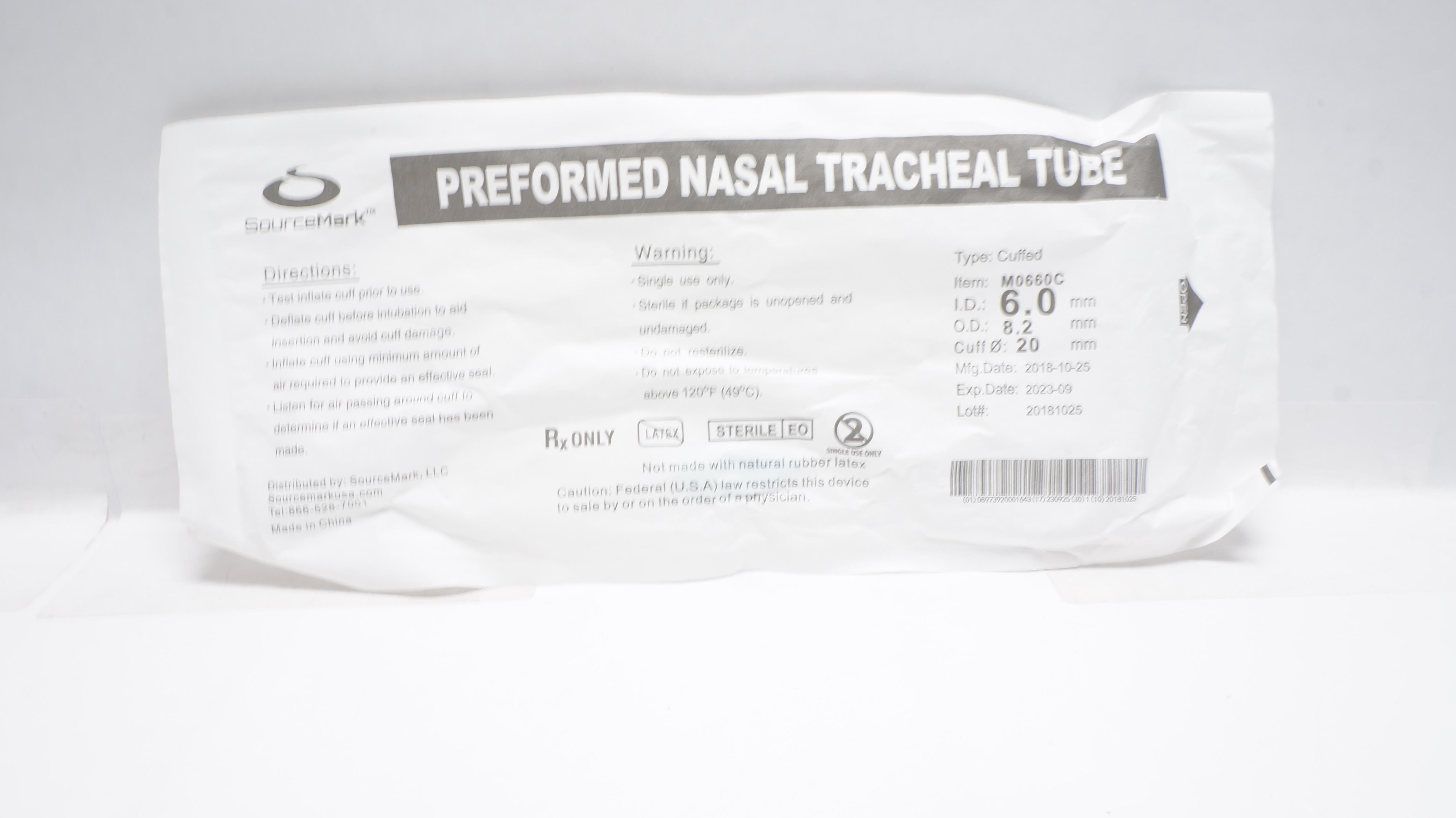 SourceMark M0660C Preformed Nasal Tracheal Tube 6.0mm ID x 8.2mm OD x 20mm (x)