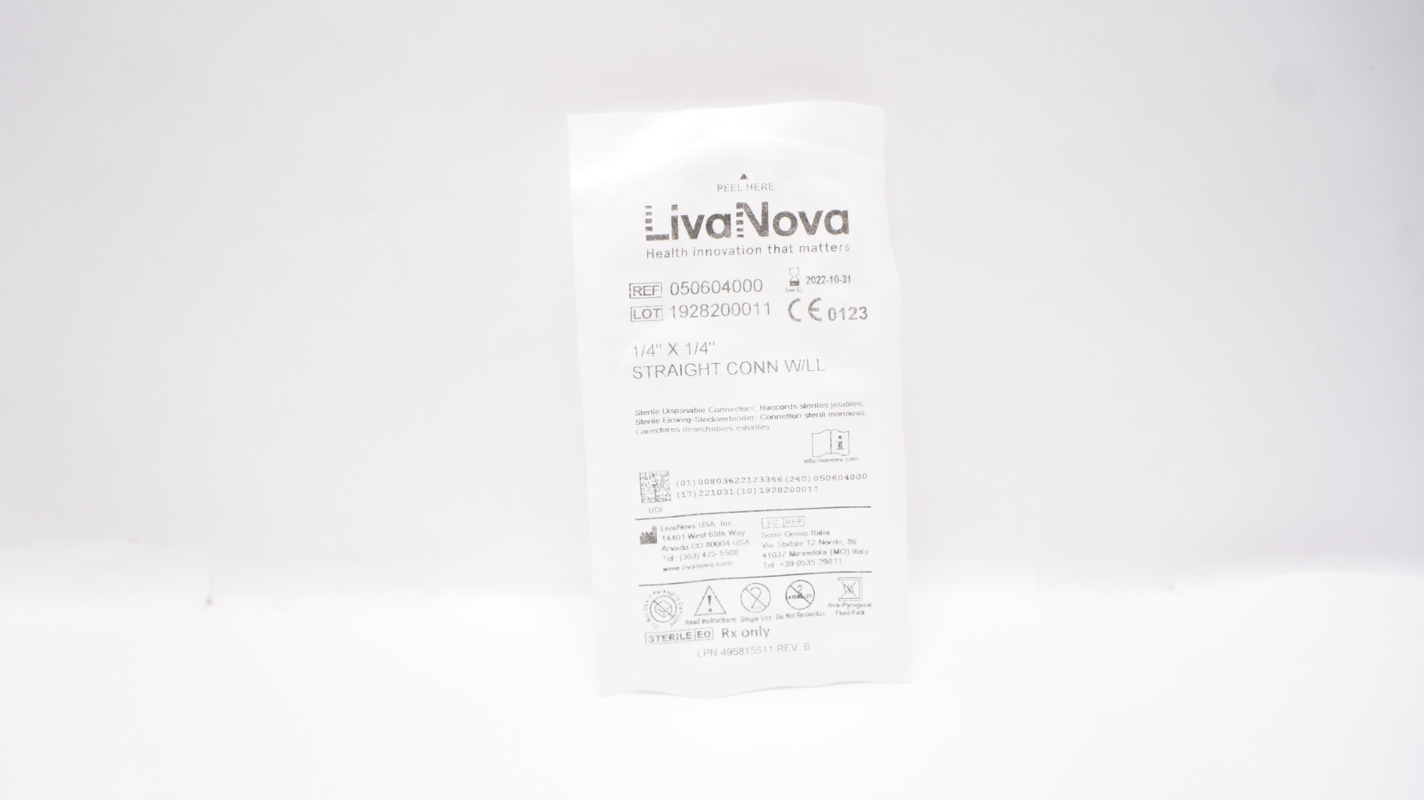 LivaNova 050604000 Straight Assembly Connector W/Luer Lock 1/4 x 1/4