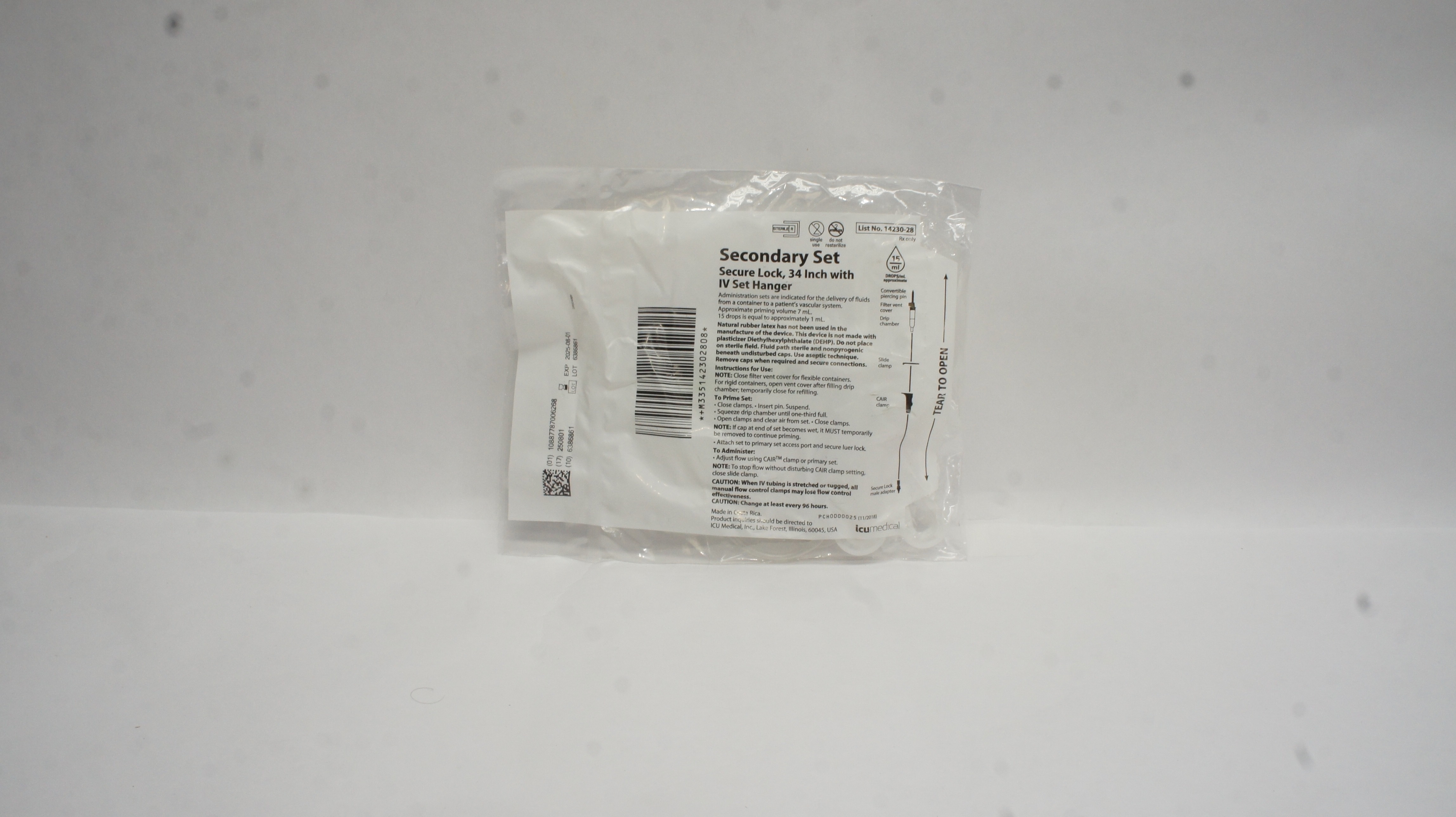 ICUMedical 14230-28 Secondary Set Secure Lock 34inch w/IV Set Hanger 15 Drops/mL