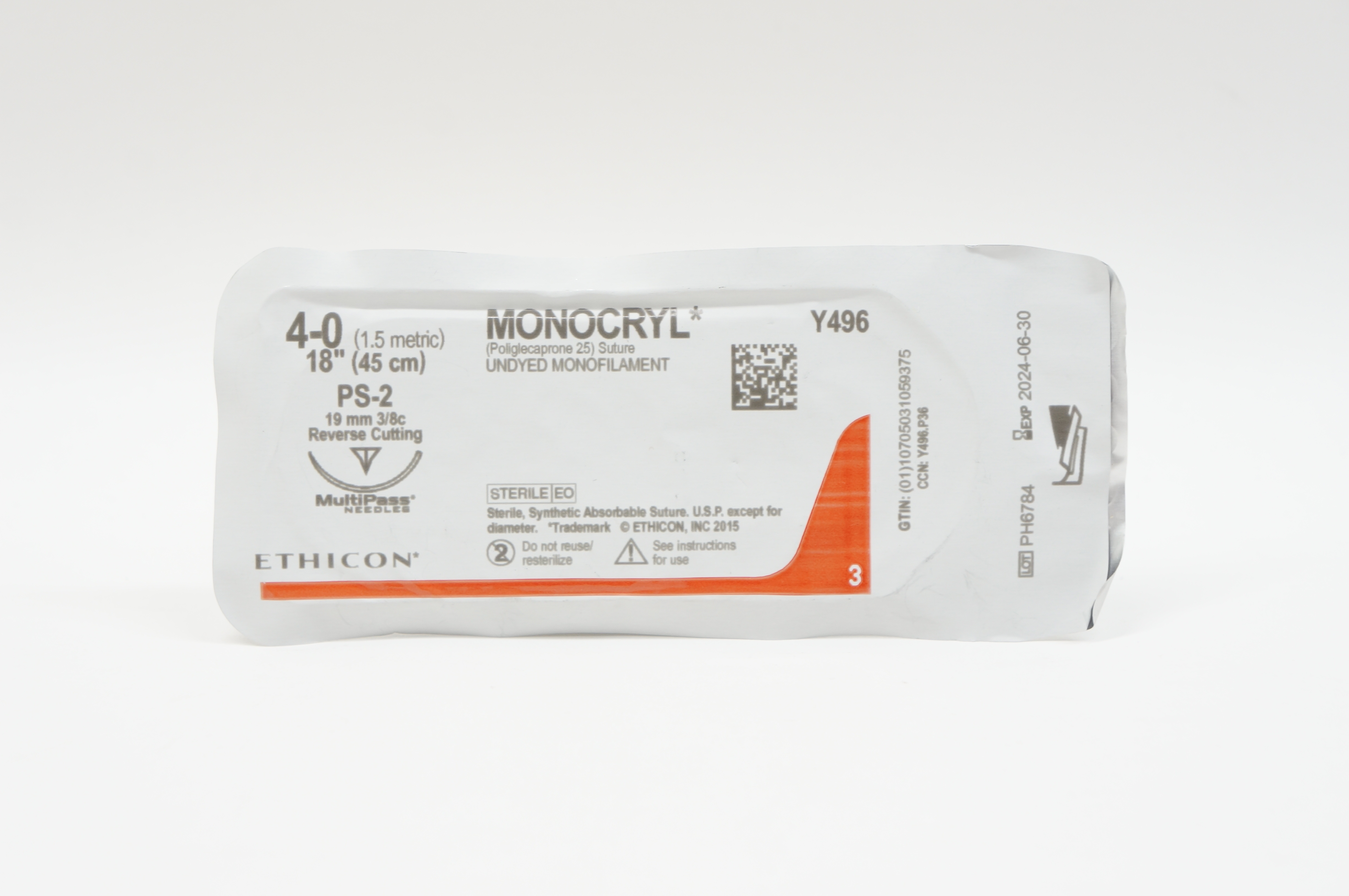 Ethicon Y496 4-0 MONOCRYL, PS-2, 19mm 3/8c Reverse Cutting, 18inch