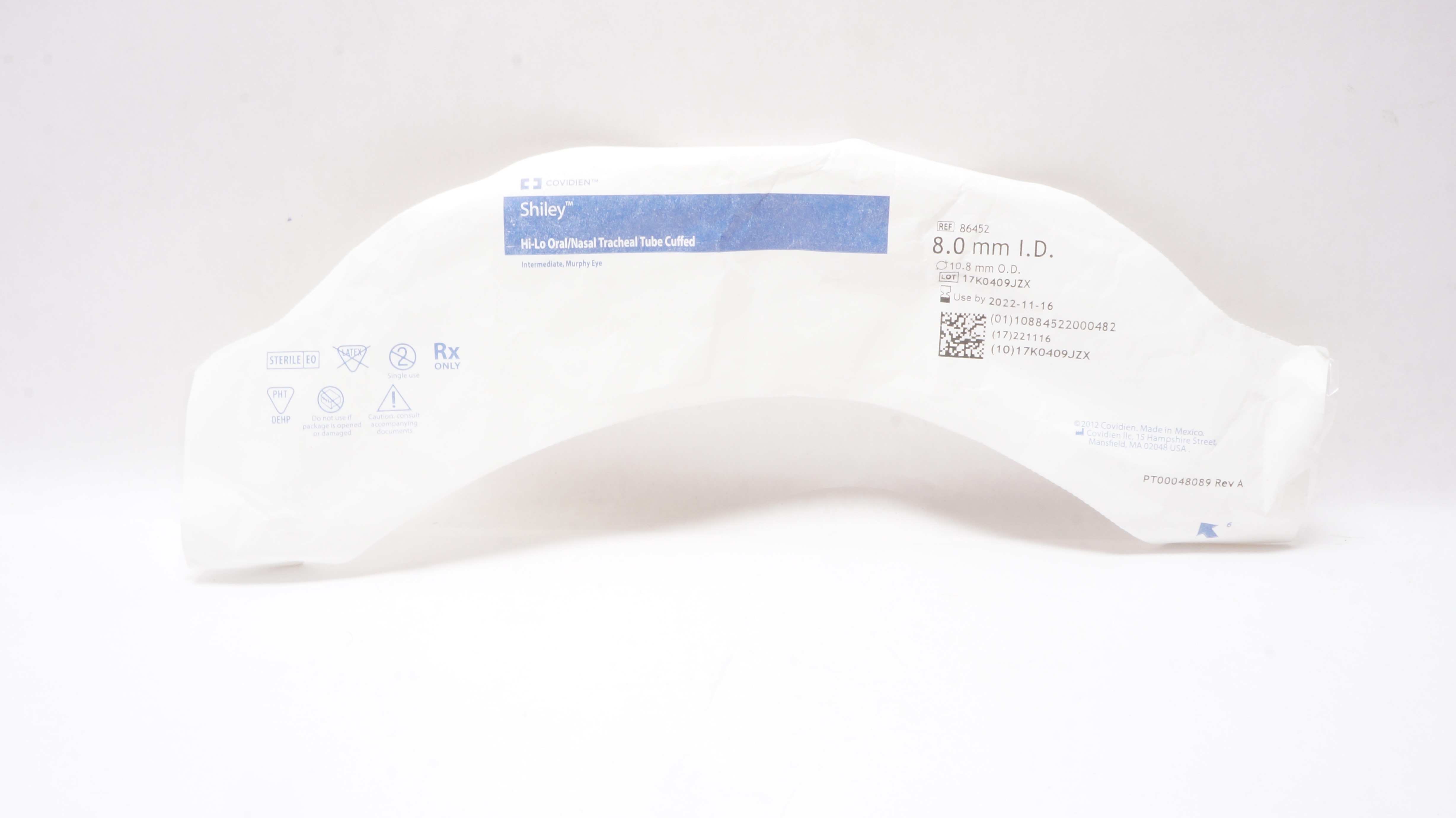 Covidien 86452 Shiley Hi-Lo Oral/Nasal Tracheal Tube Cuffed 8.0ID x 10.8mm OD(x)