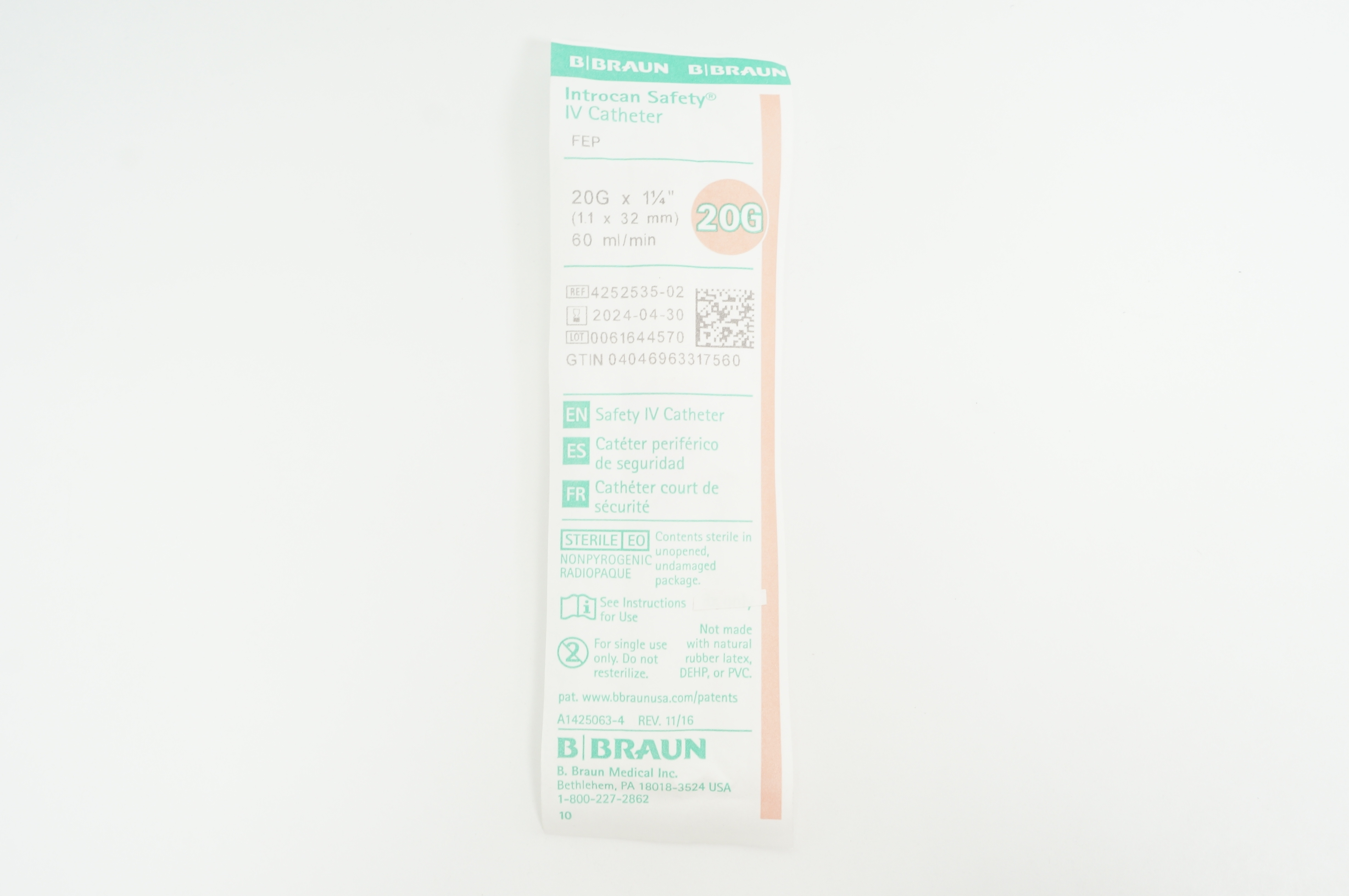 Braun 4252535-02 Introcan Safety IV Cath. 20G x 1-1/4inch