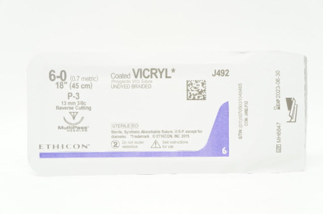 Ethicon J492 6-0 Coated VICRYL P-3 13mm 3/8c Reverse Cutting, 18inch