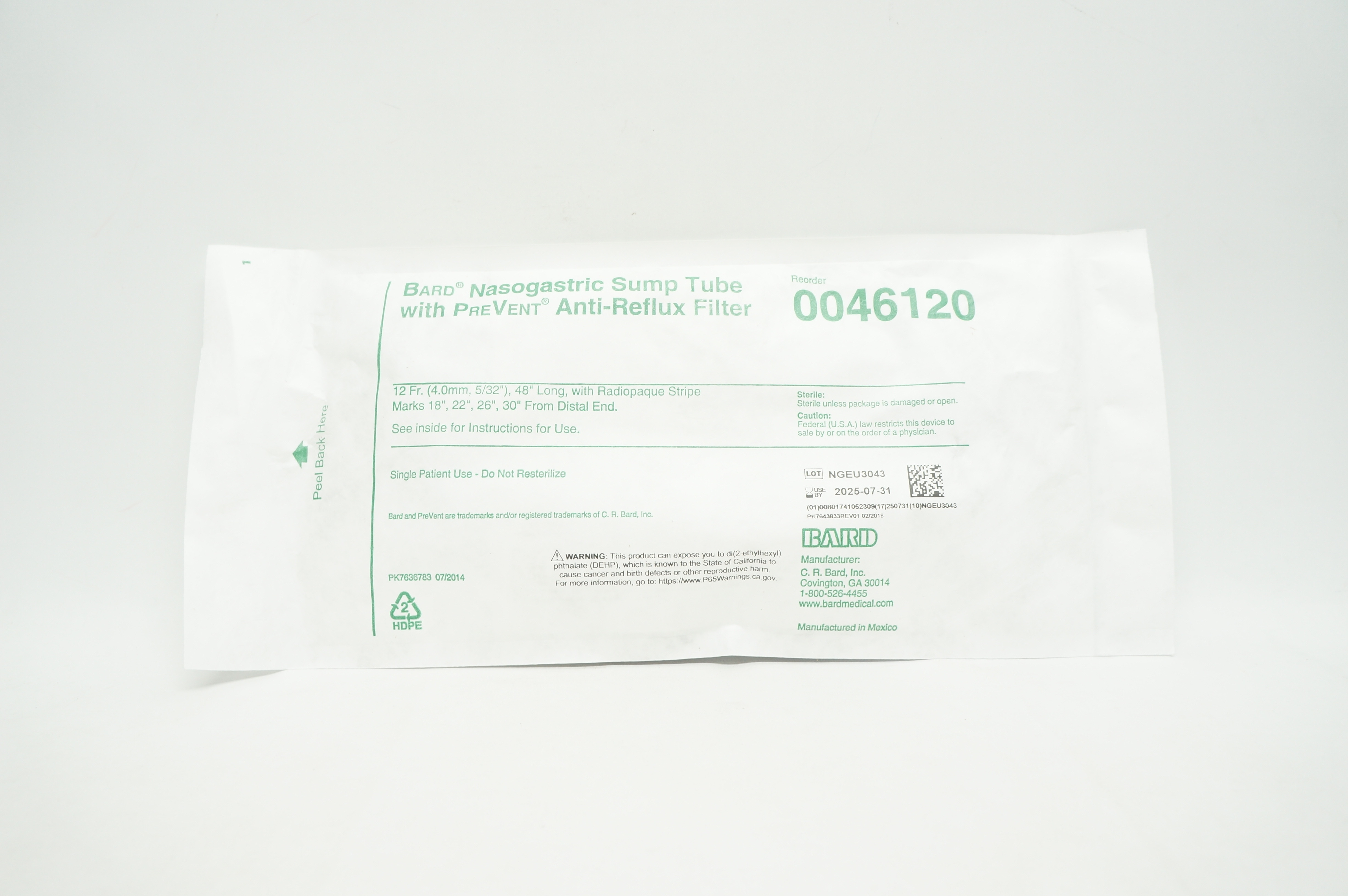 Bard 0046120 Nasogastric Sump Tube with PreVent Anti-Reflux Filter
