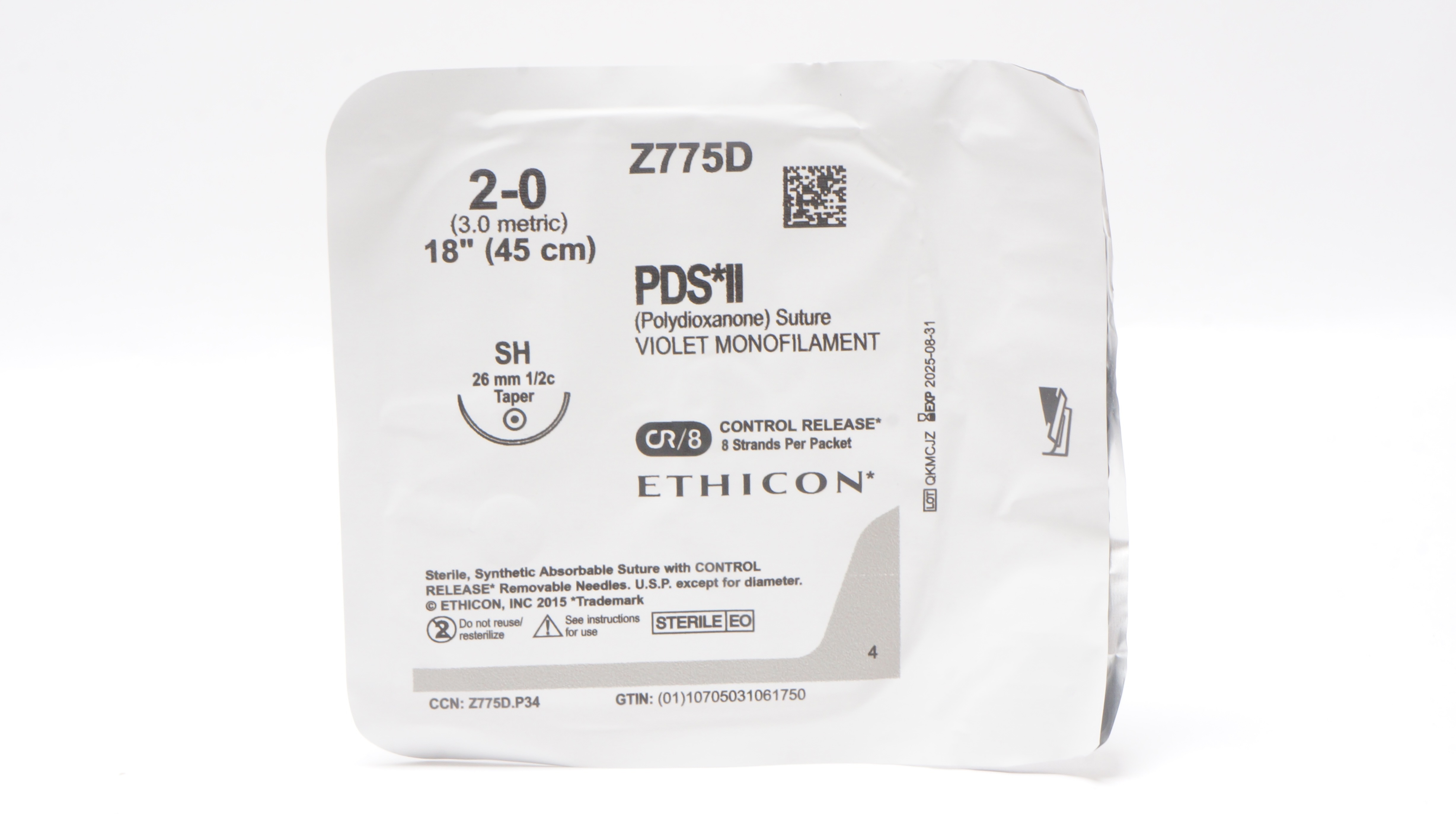 Ethicon Z775D 2-0 PDS II Polydioxanone Stre SH 26mm 1/2c Taper, 18inch CR/8