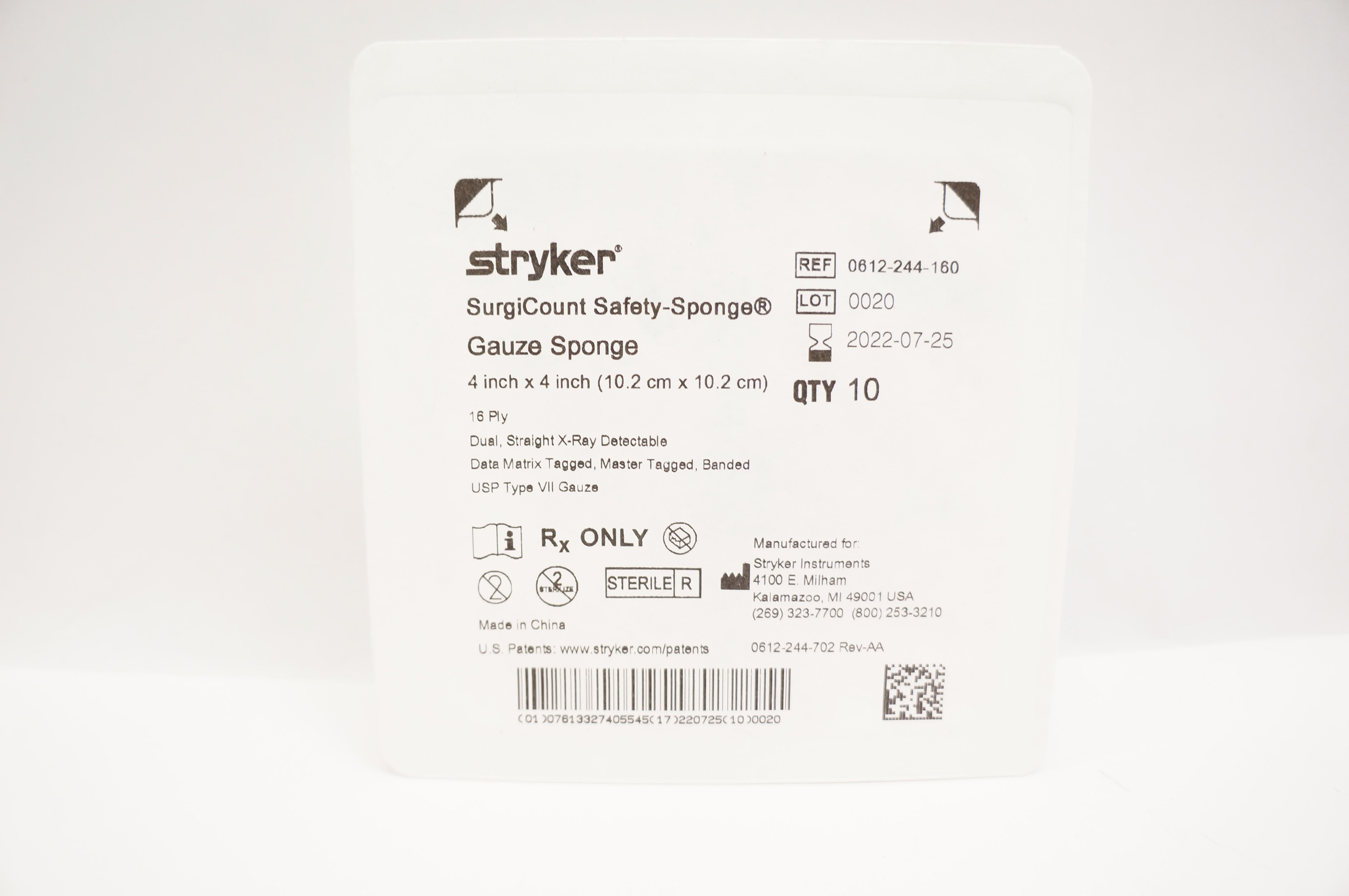 Stryker 0612-244-160 SurgiCount Safety-Sponge 4inch x 4inch - Pack of 10 (x)