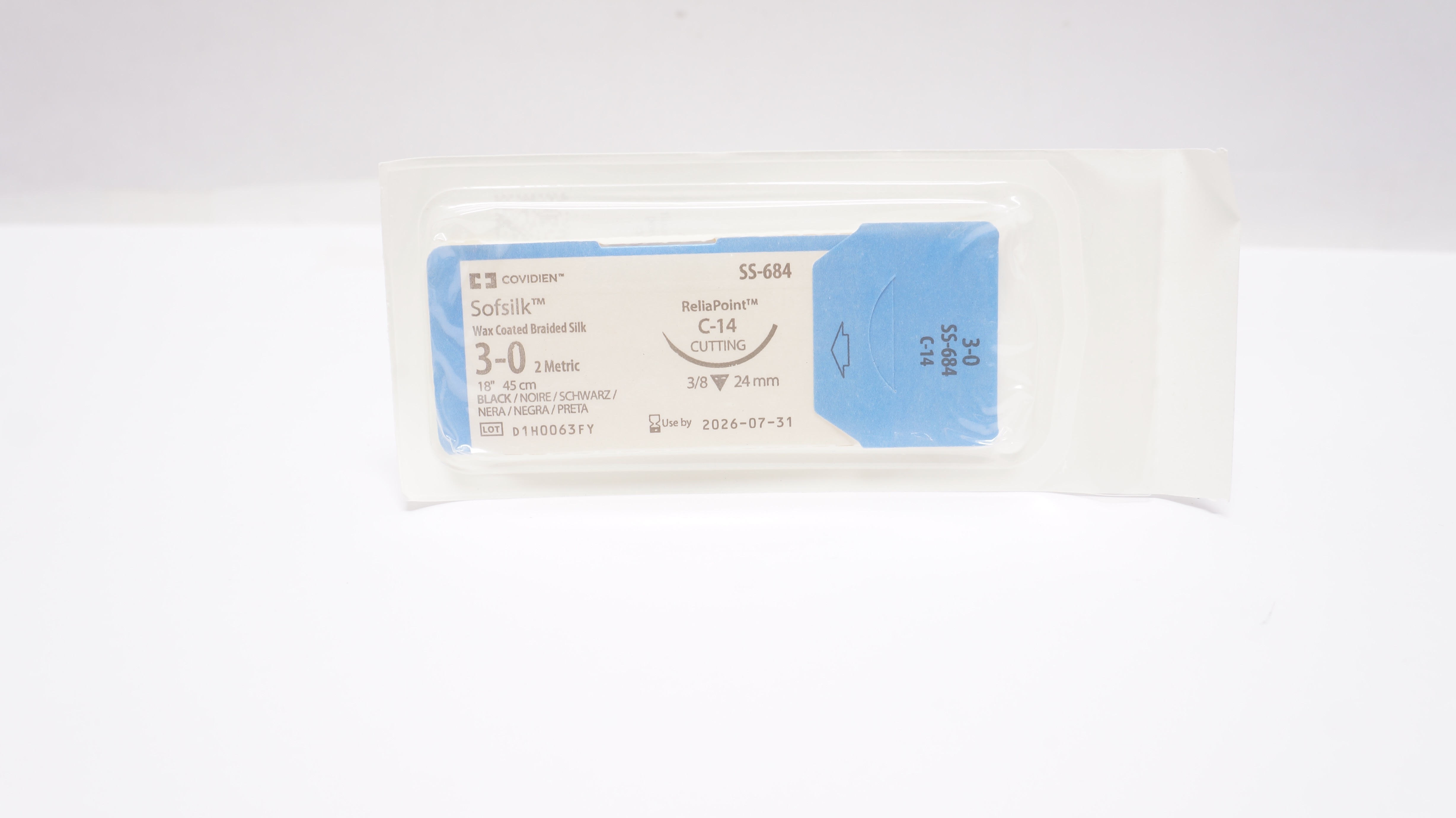 Covidien SS-684 3-0 Sofsilk Wax Coated Silk Stre C-14 Cutting 3/8 24mm, 18inch