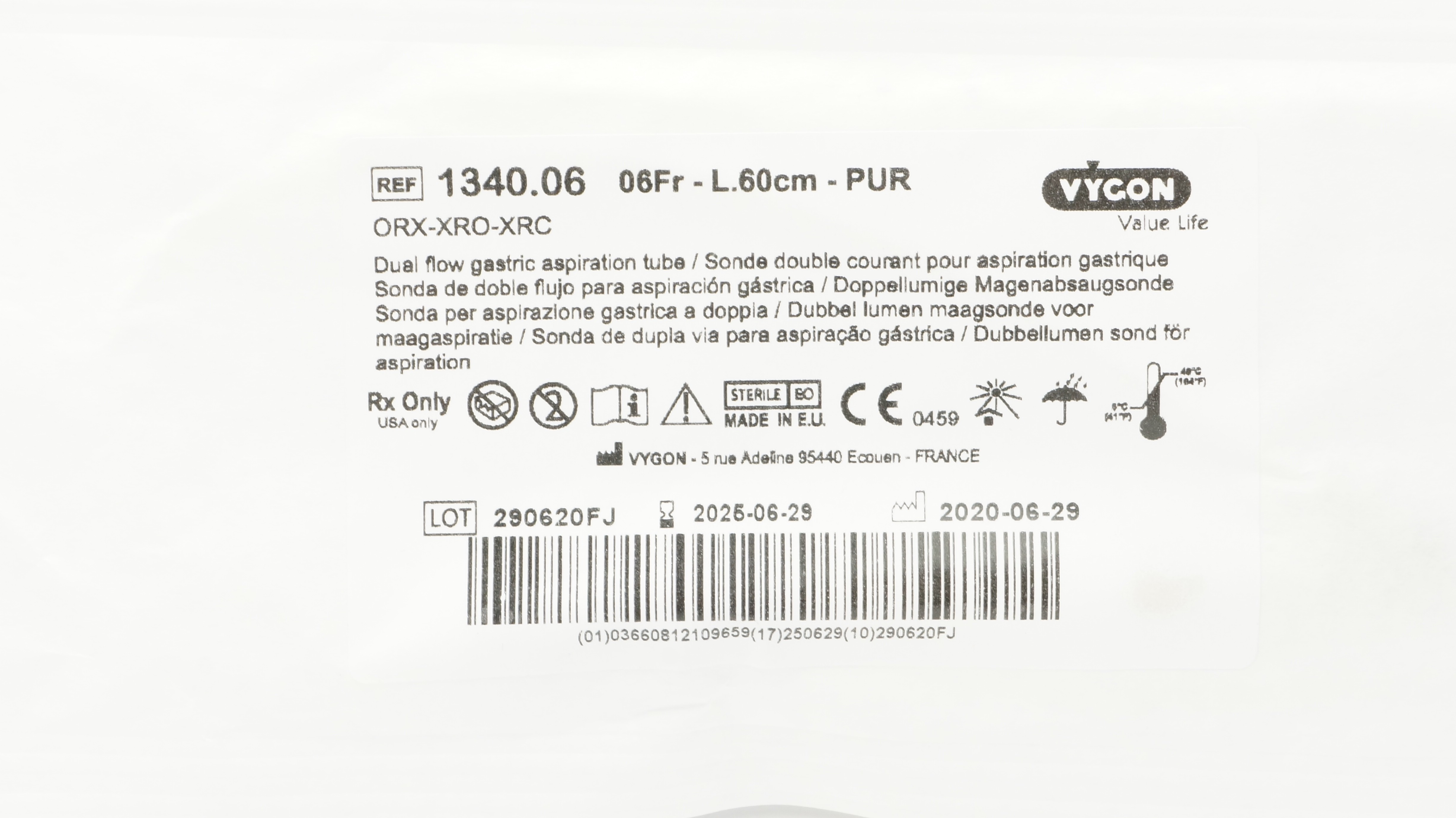 Vygon 1340.06 Dual Flow Gastric Aspiration Tube 06Fr - L. 60cm - PUR