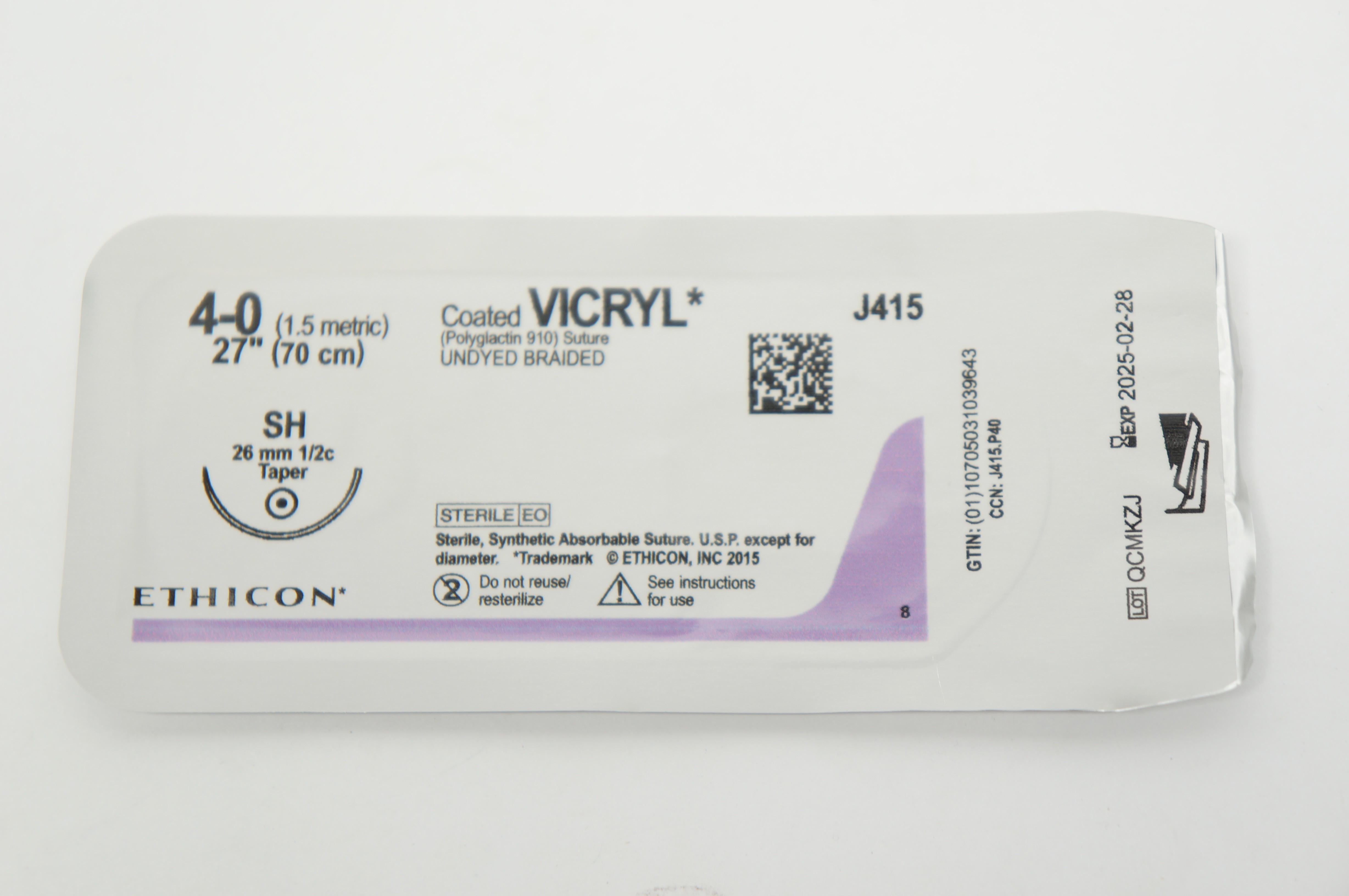 Ethicon J415 4-0 Coated Vicryl Stre Undyed Braided SH 26mm 1/2c Taper 27inch