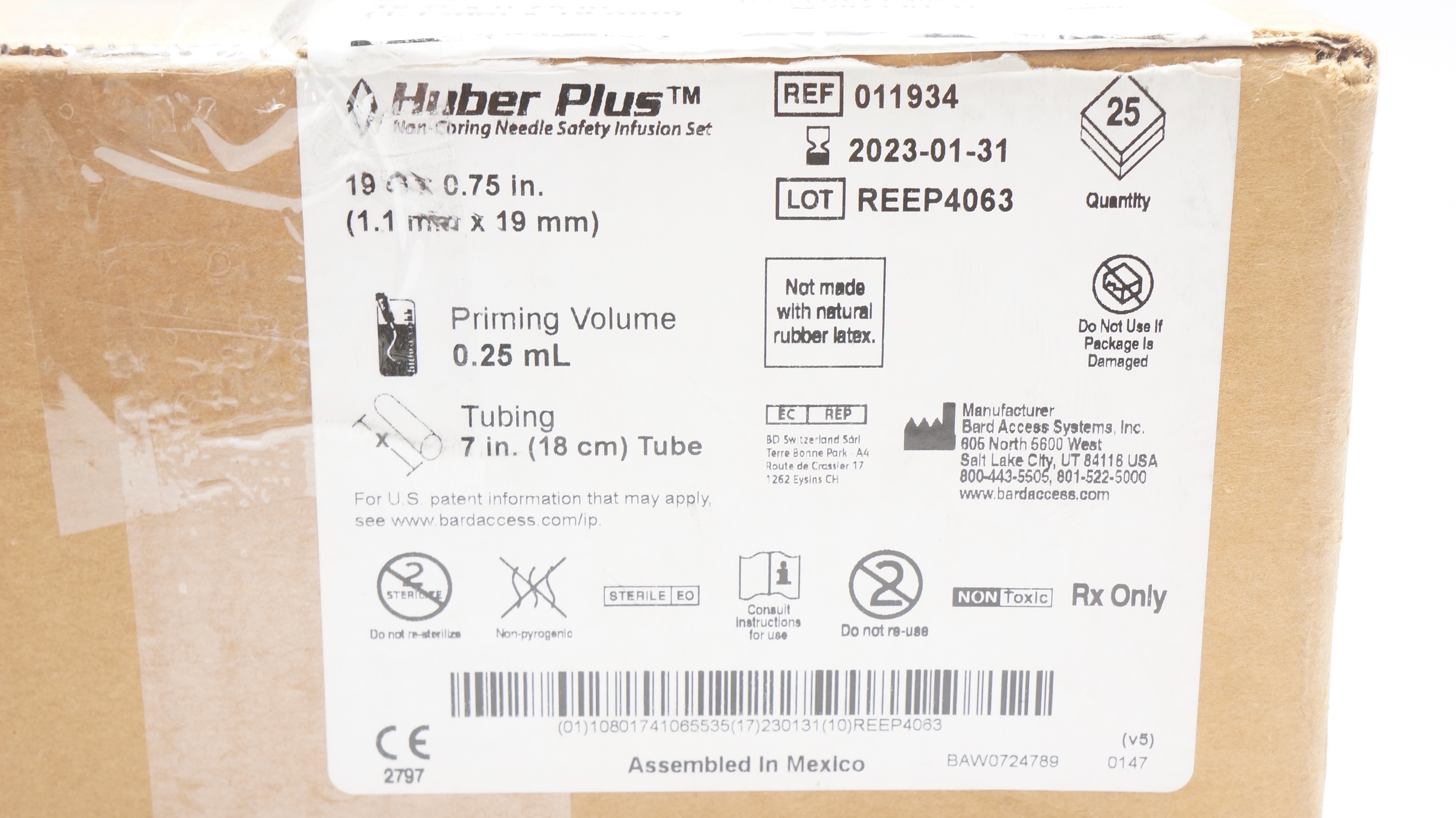 Bard 011934 Huber Plus Ndle Safety Infusion Set 19G x 0.75inch (x) - Box of 25