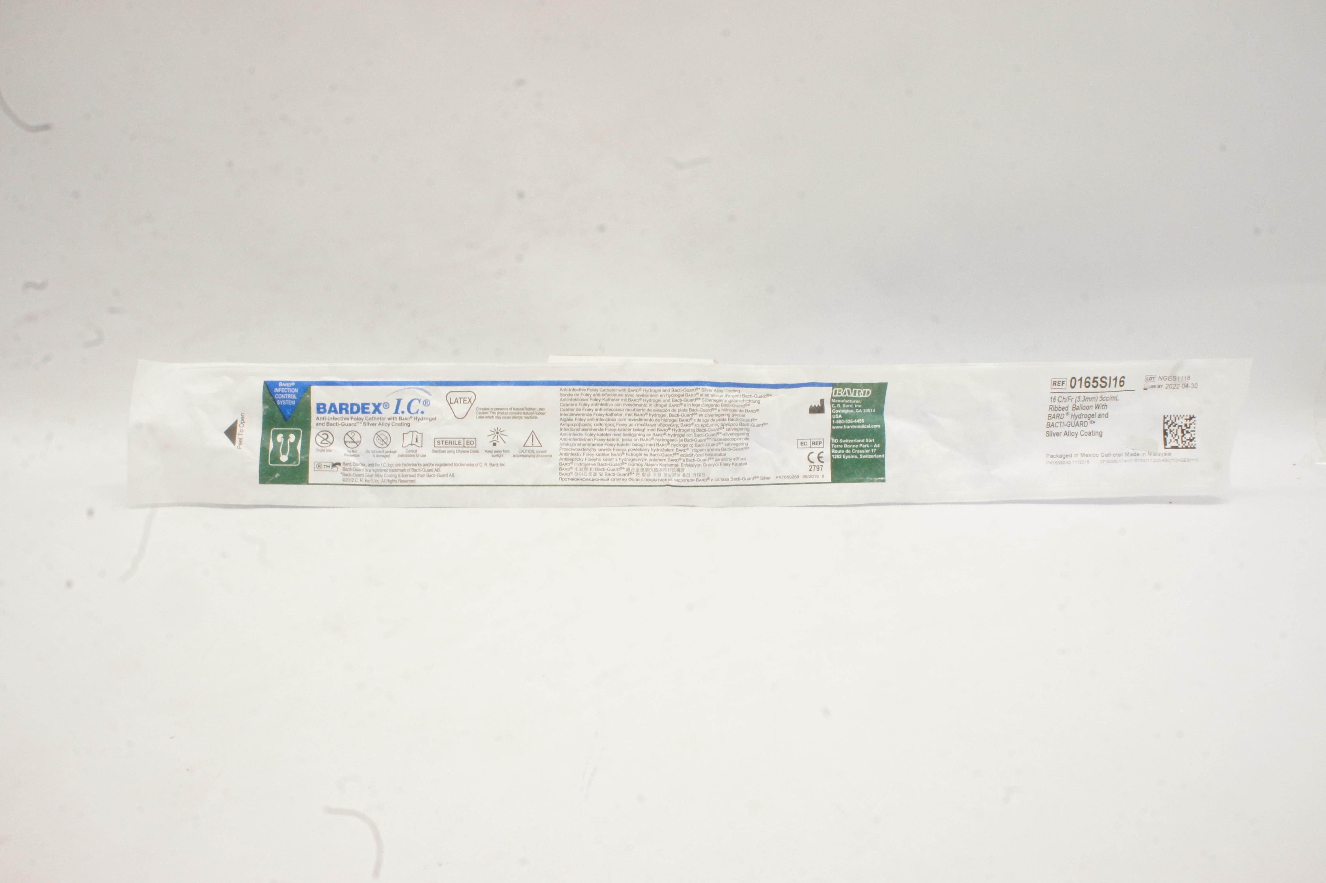 Bard 0165SI16 Bardex IC Anti-Infective Foley Cath. 16Ch/Fr 5cc/mL Ribbed Balloon