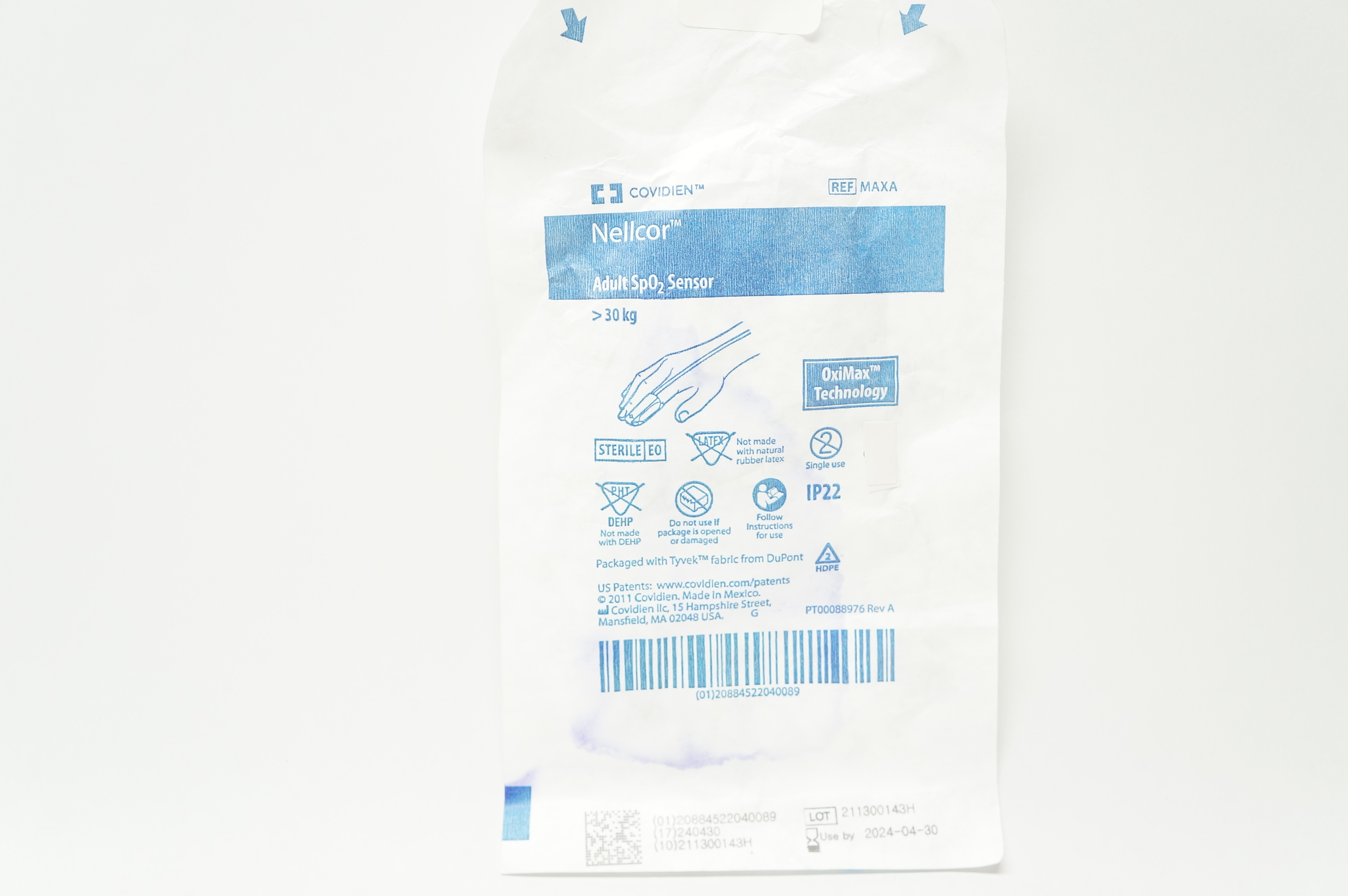Covidien MAXA Nellcor Adult SpO2 Sensor >30kg OxiMax Technology