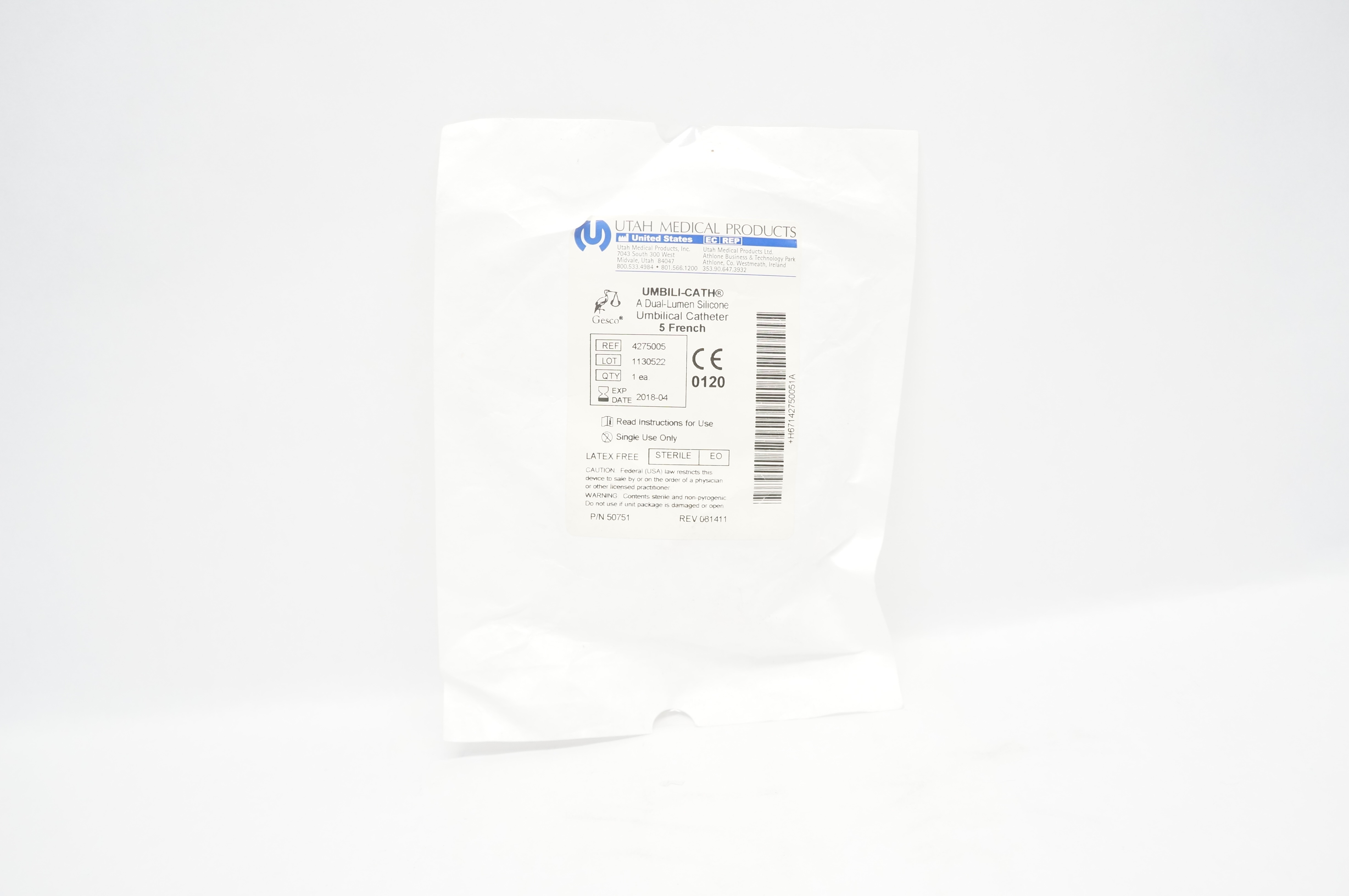 Utah Medical 4275005 Dual-Lumen Silicone Umbilical Cath. 5F (x)