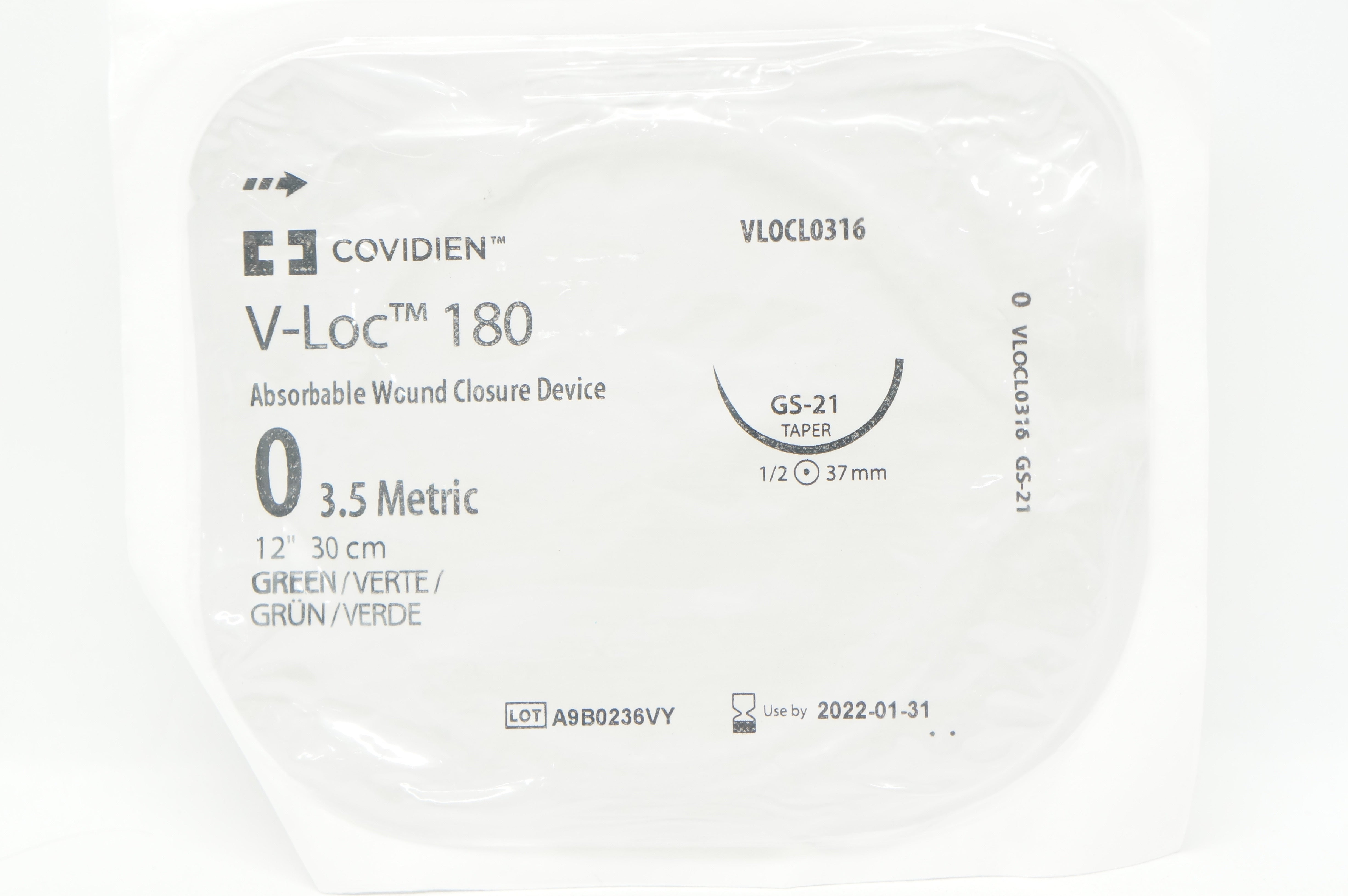 Covidien VLOCL0316, 0 V-Loc Green GS-21 1/2c  37mm, 12inch