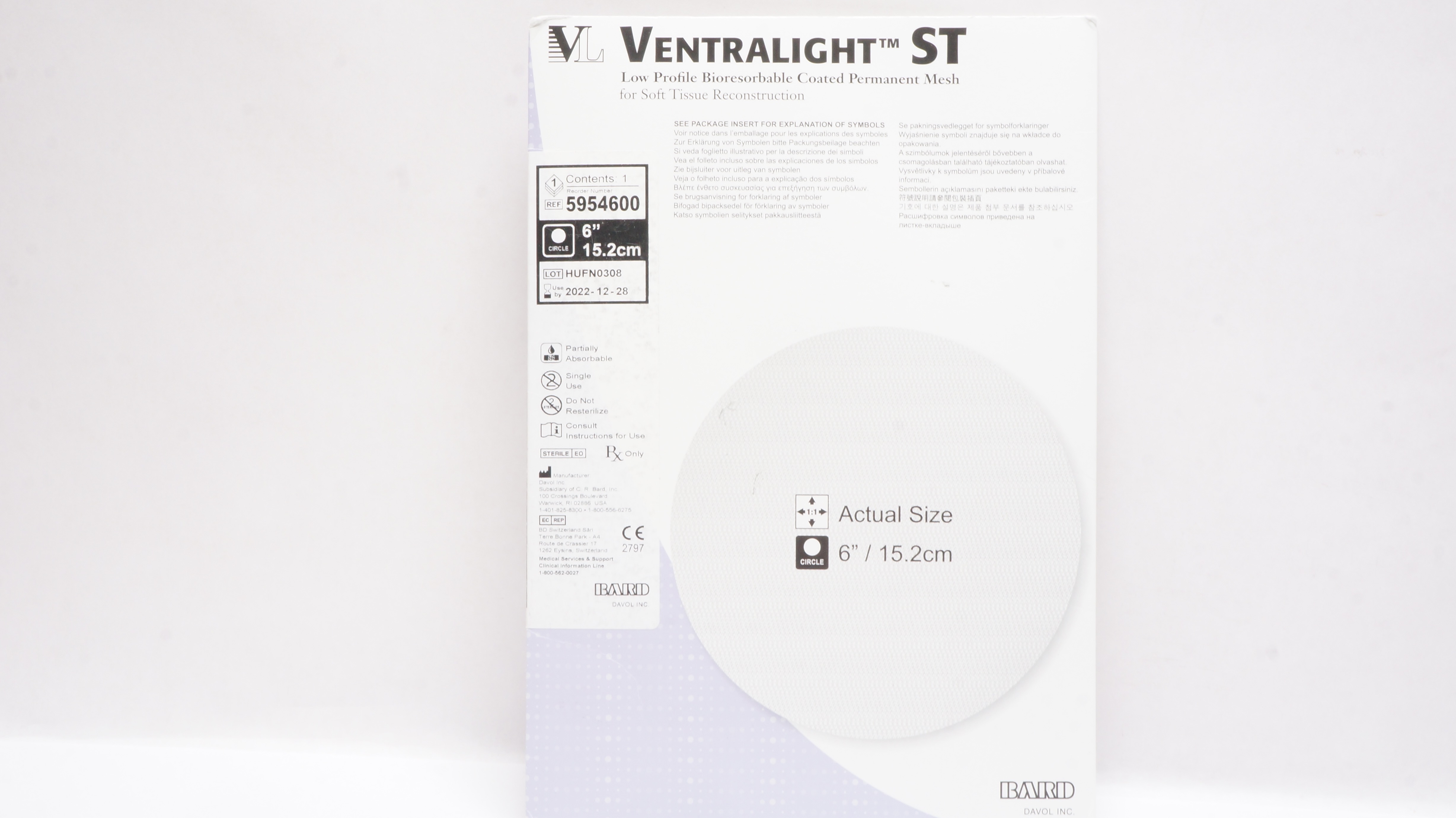 Bard 5954600 Ventralight ST Low Profile Bioresorbable Coated Mesh 6inch (x)