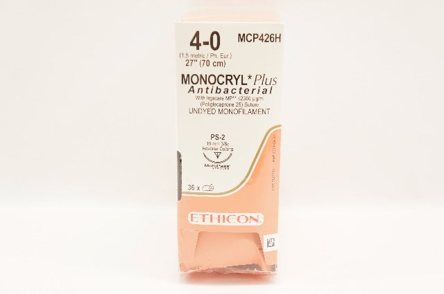 Ethicon MCP426H MONOCRYL 4-0 Plus Suture PS-2 19mm 3/8c ,27inch - Box of 36 (x)