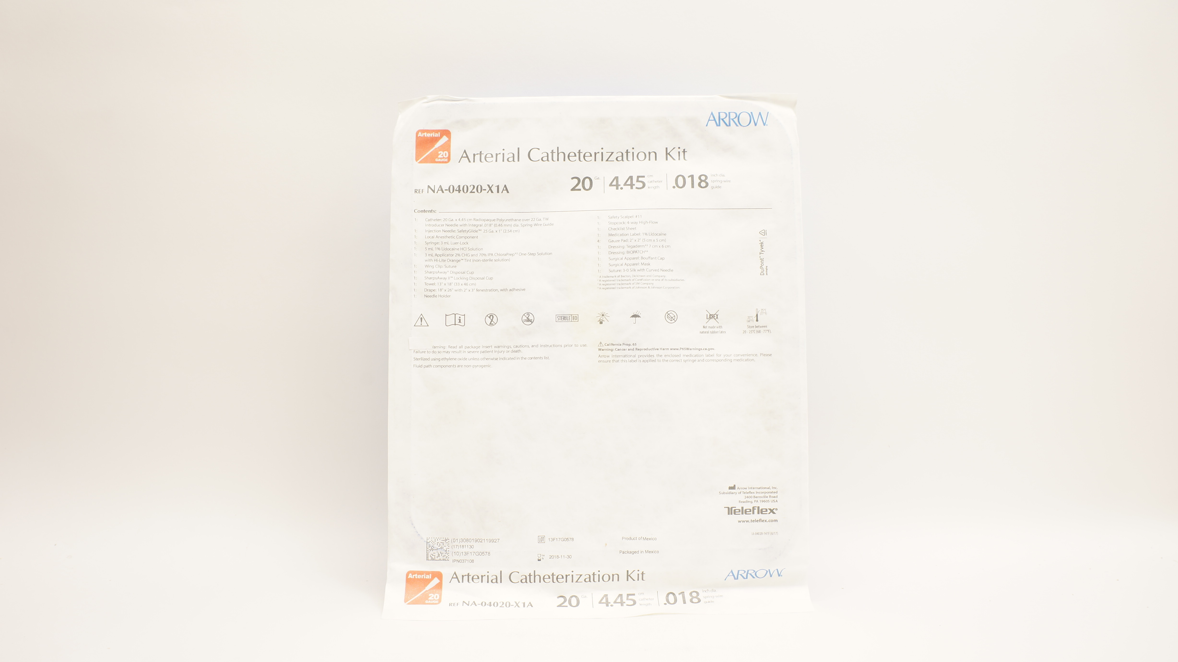 Arrow NA-04020-X1A  Arterial Catheterization Kit 20Ga x 4.45cm x 0.018inch (x)