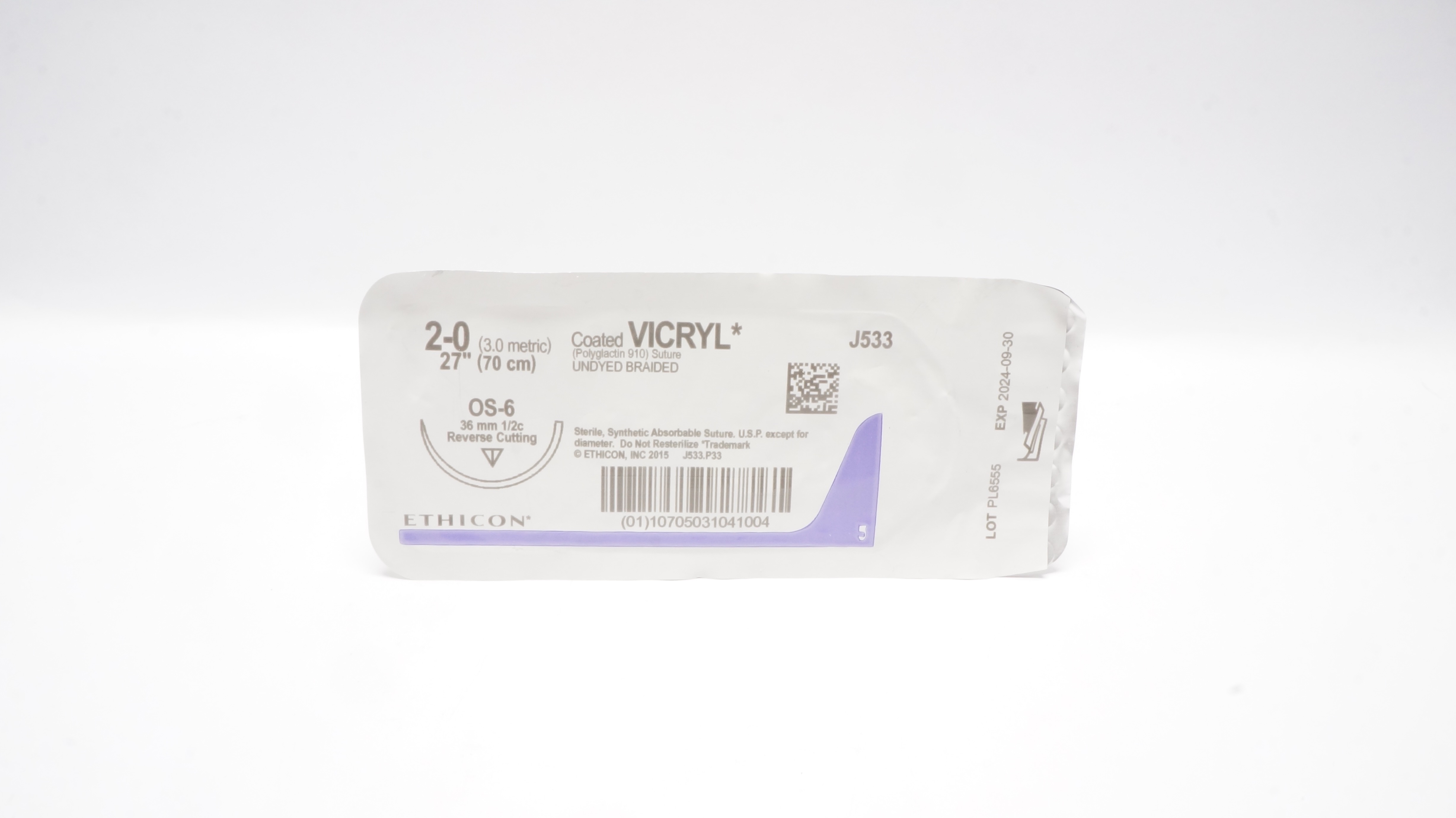 Ethicon J533 2-0 Coated Vicryl OS-6 36mm 1/2c Reverse Cutting 27In (x)