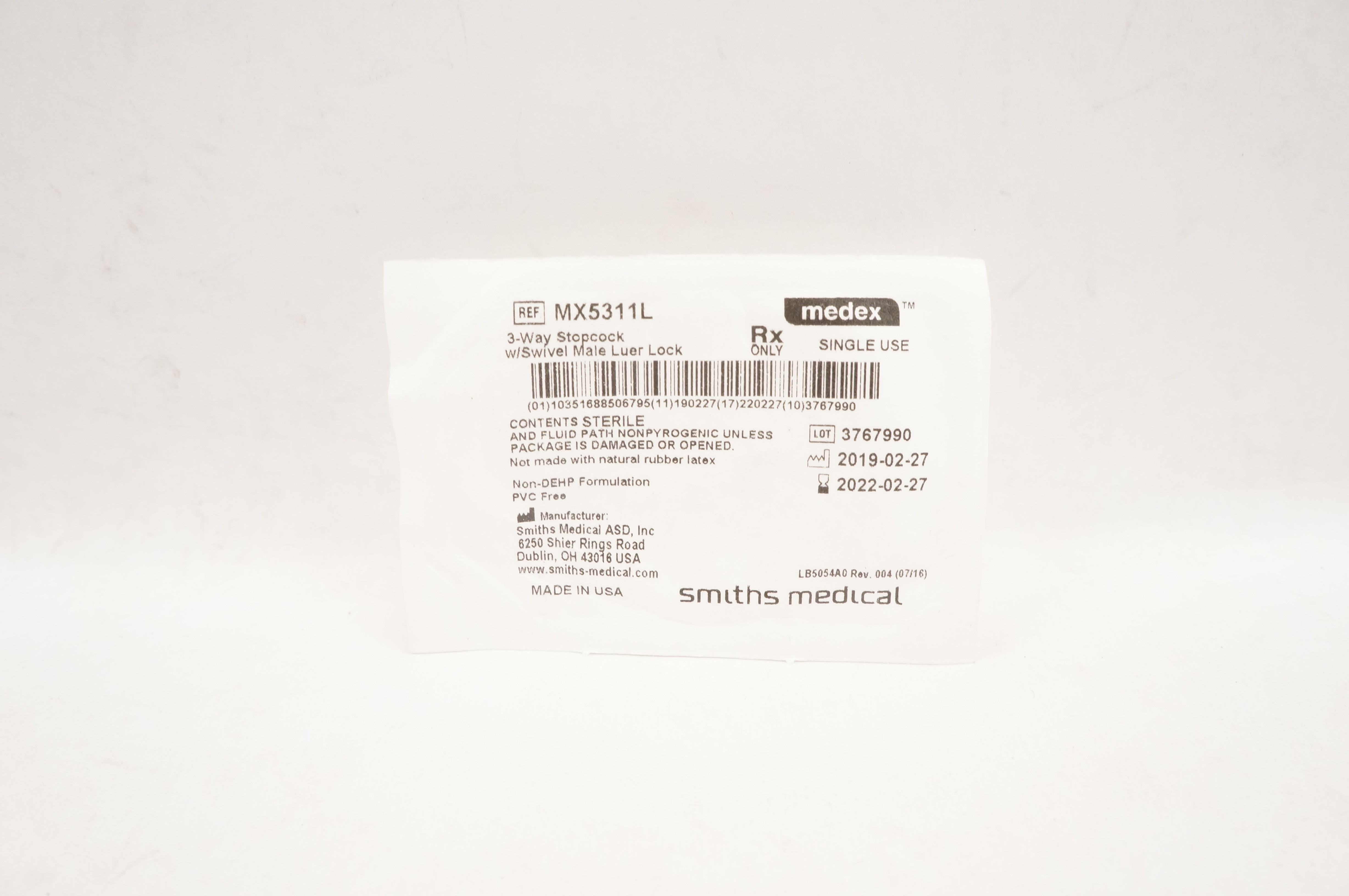 Smiths Medical MX5311L Medex 3-Way Stopcock w/Swivel Male Luer Lock (x)