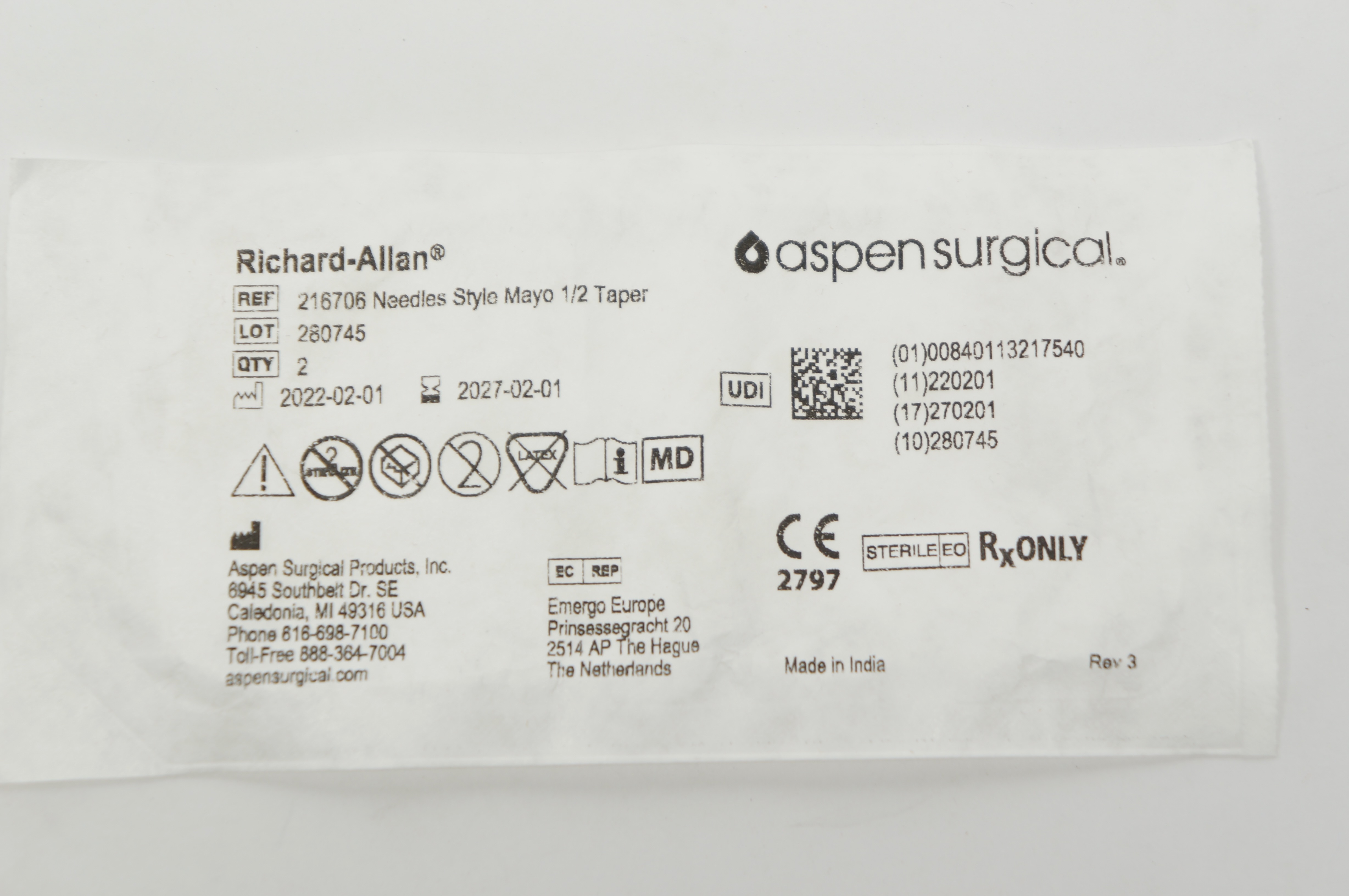 Aspen Surgical 216706 Richard-Allan Ndles, Mayo 1/2 Taper - Pack of 2