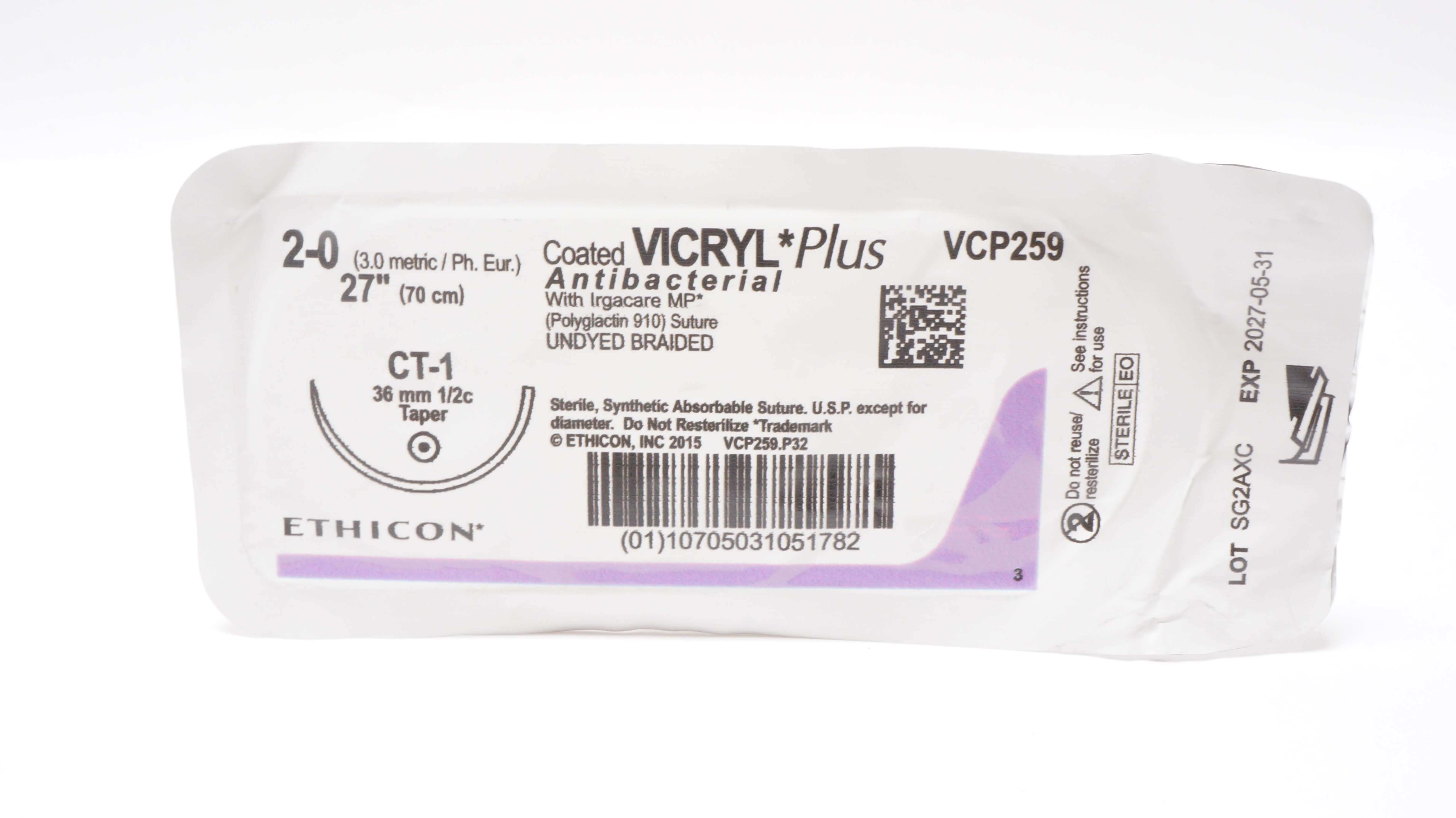 Ethicon VCP259 2-0 VICRYL PLus Polyglactin 910 Stre CT-1 36mm 1/2c Taper, 27inch