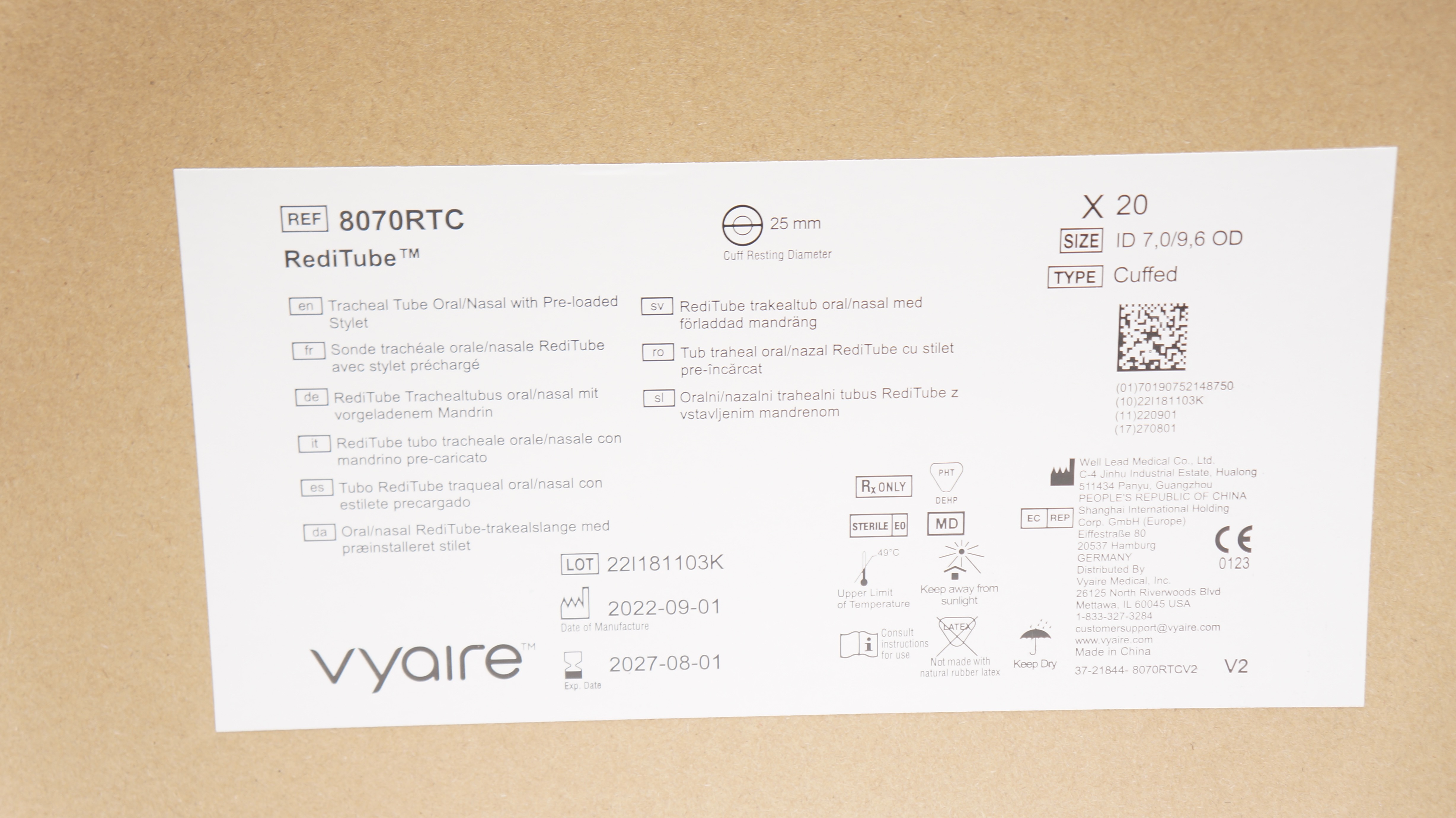 Vyaire 8070RTC RediTube Tracheal Tube Oral/Nasal 7.0ID x 9.6OD x 25mm