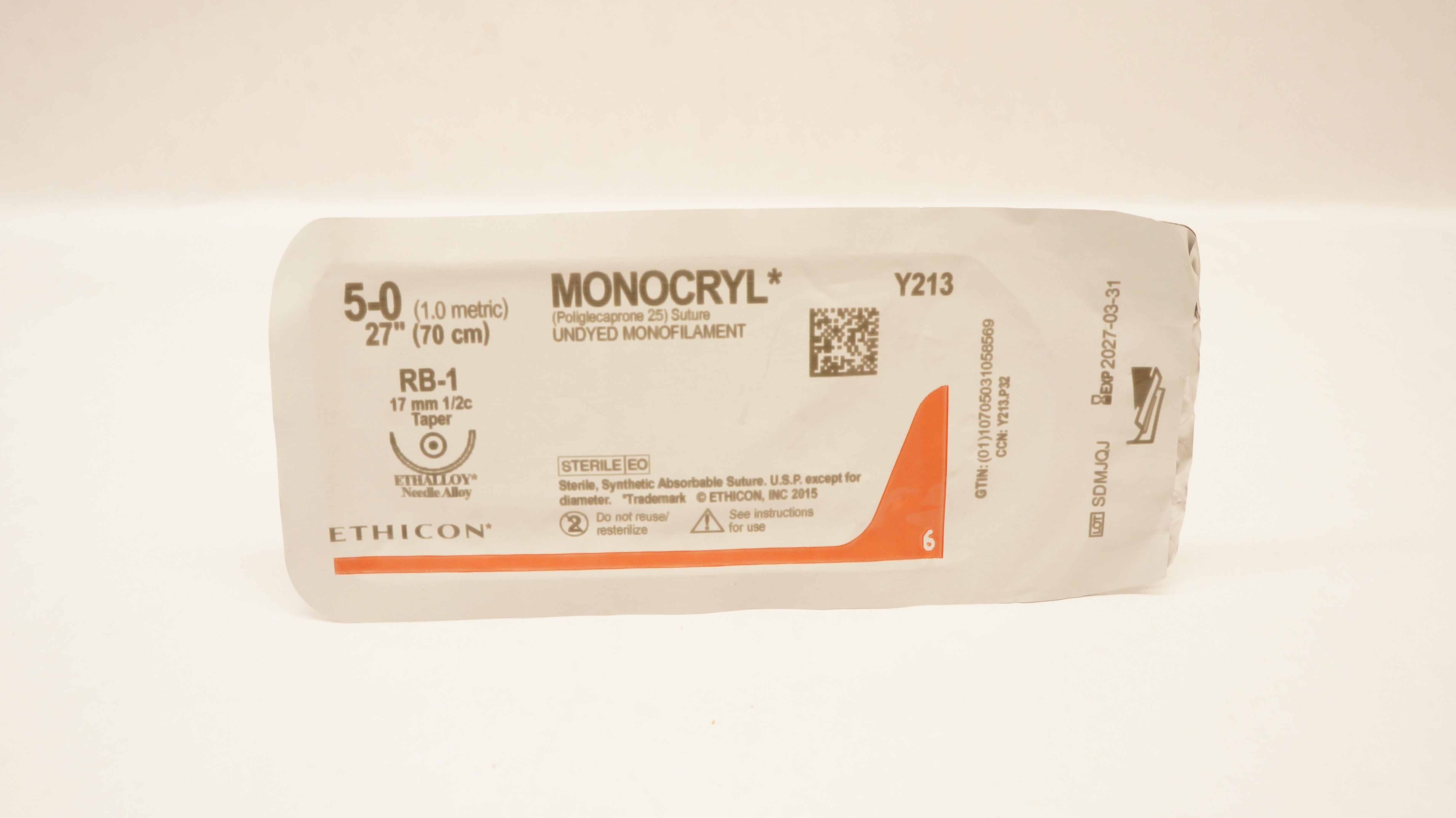 Ethicon Y213 5-0 Monocryl Undyed Monofilament, RB-1, 17mm 1/2c Taper, 27inch