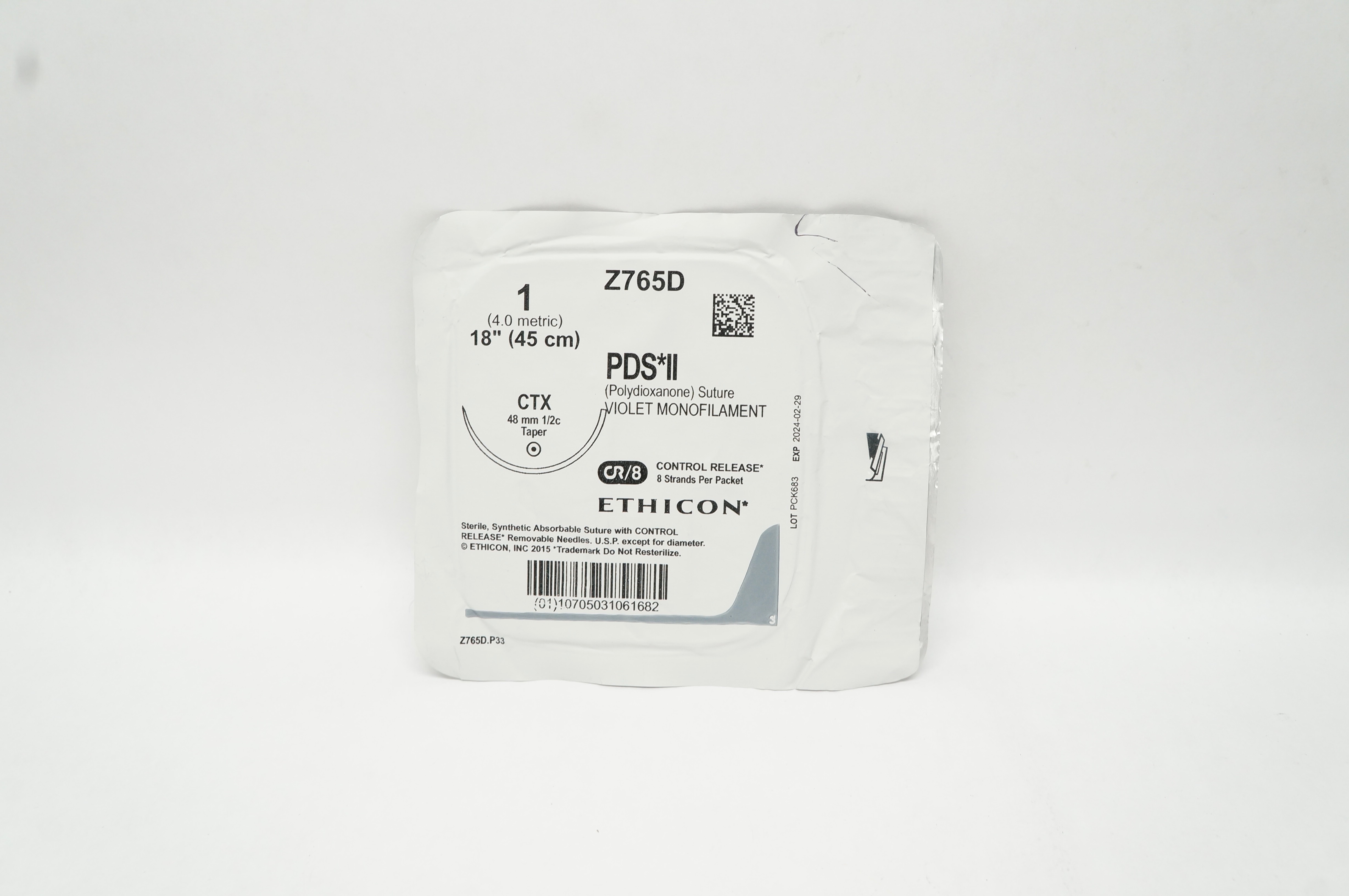 Ethicon Z765D 1 PDS II Polydioxane Stre CTX 48mm 1/2c Taper, 18 inch