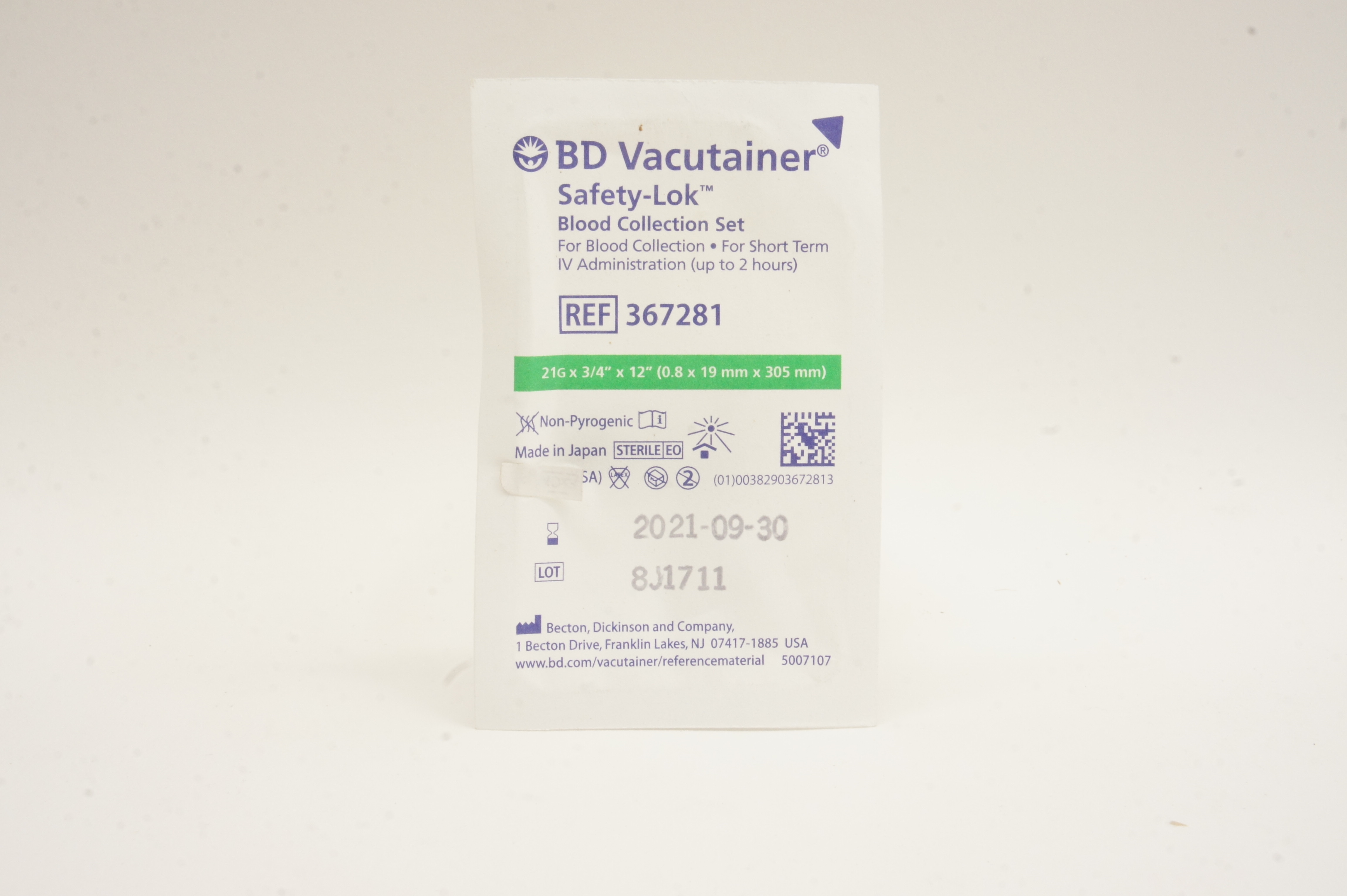BD 367281 Safety-Lok Blood Collection Set 21G x 3/4inch x 12inch