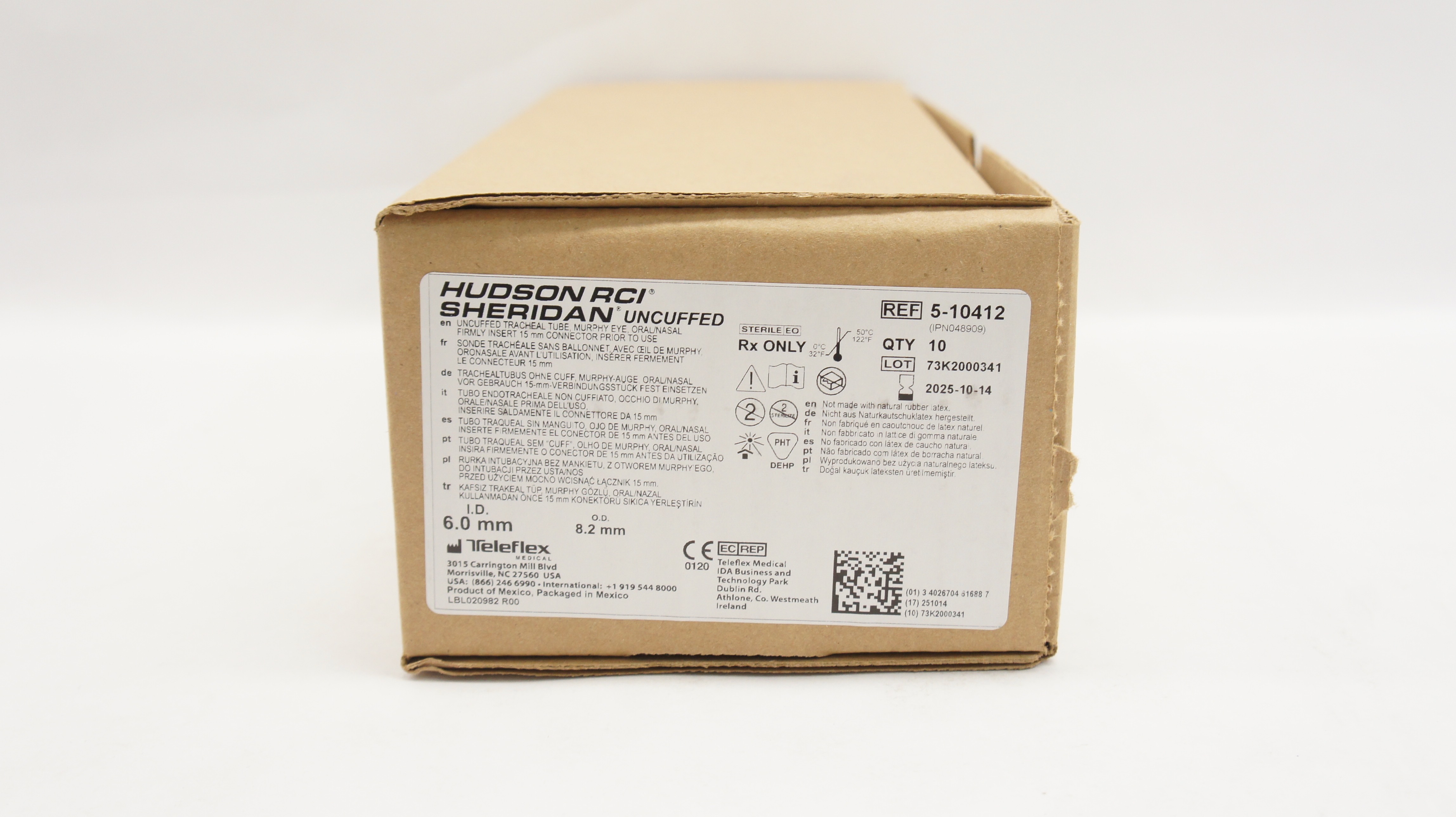 Teleflex 5-10412 Hudson RCI Sheridan Uncuffed Tracheal Tube 6.0x8.2mm -Box of 10